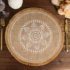 4 - Pack Placemats White Embroidery Print Design Natural Jute Fringe Round - Rustic Burlap Woven Style 15" - Bell Racket Store
