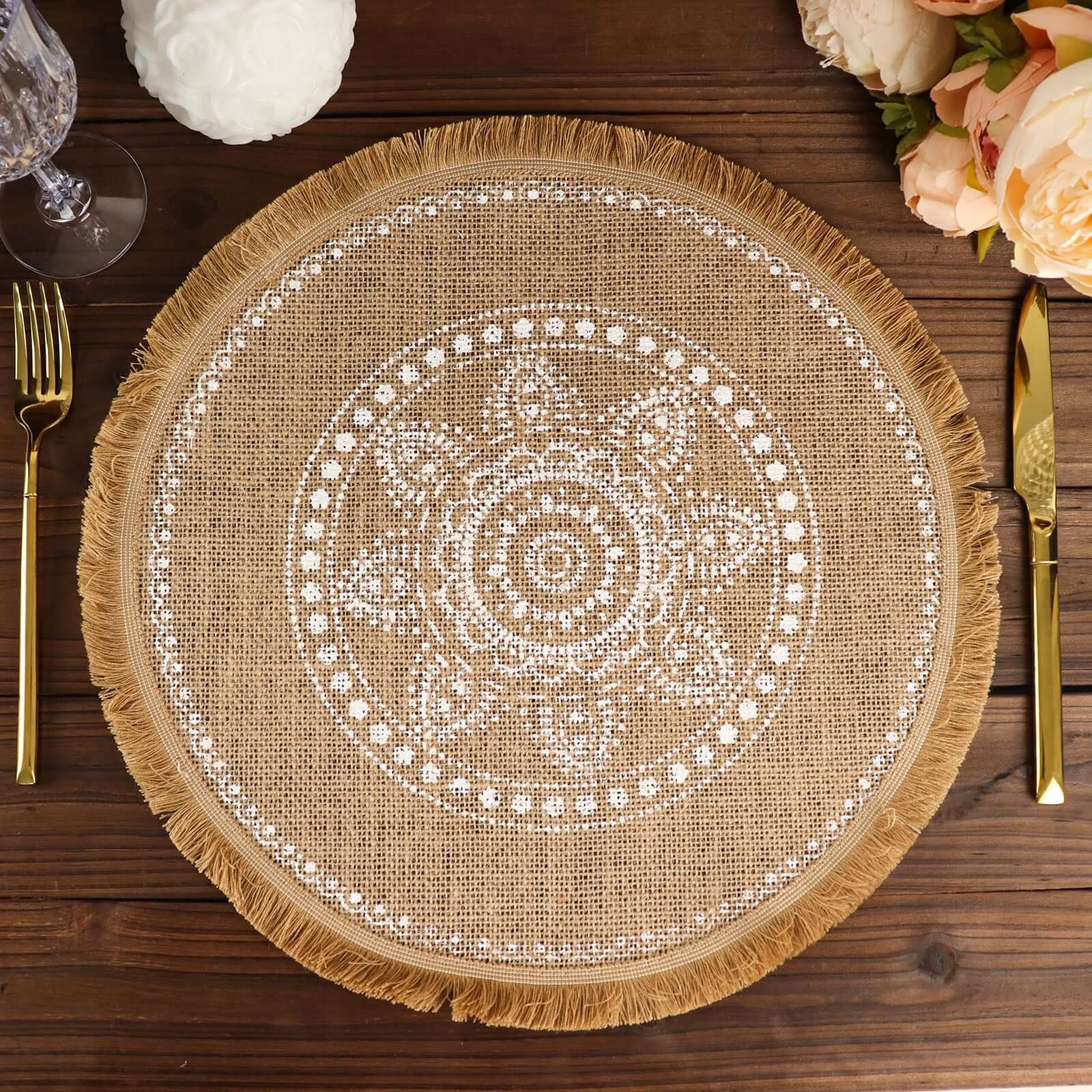 4 - Pack Placemats White Embroidery Print Design Natural Jute Fringe Round - Rustic Burlap Woven Style 15" - Bell Racket Store