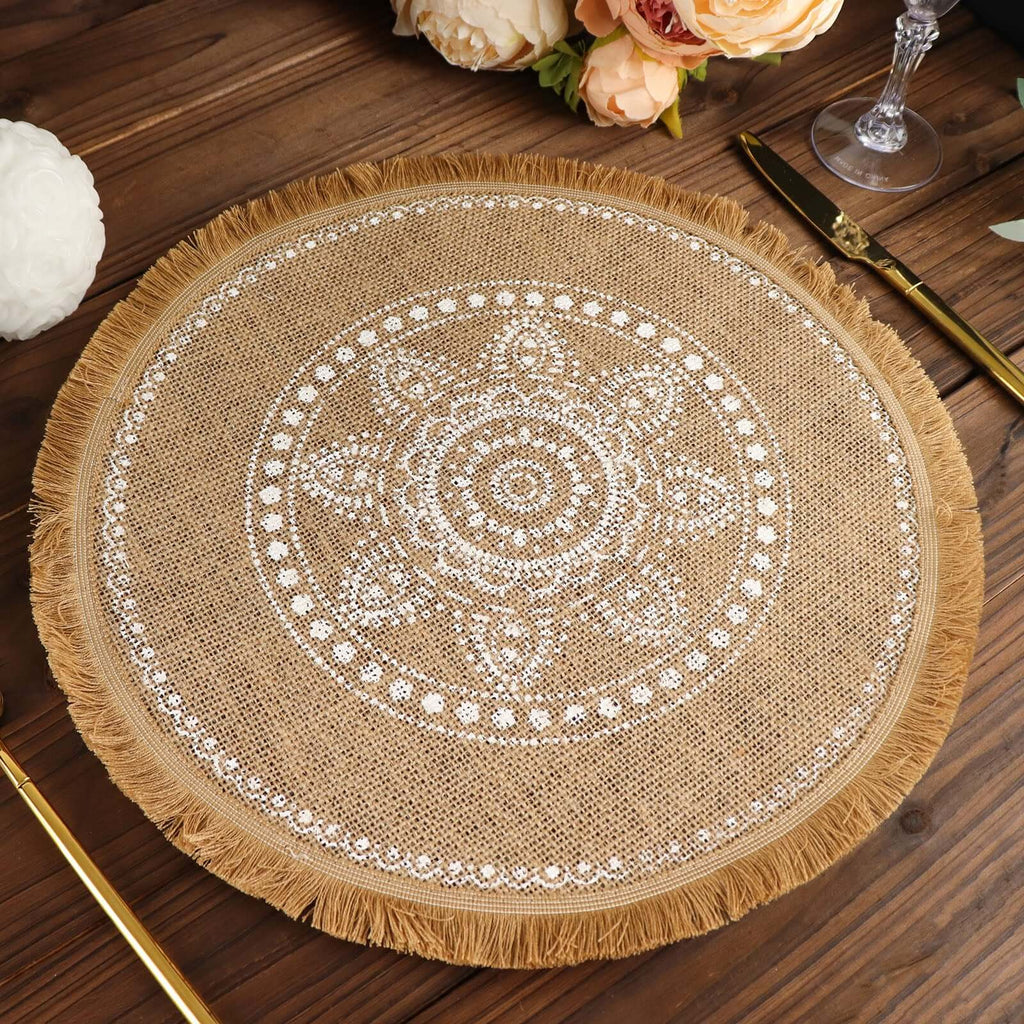 4 - Pack Placemats White Embroidery Print Design Natural Jute Fringe Round - Rustic Burlap Woven Style 15" - Bell Racket Store