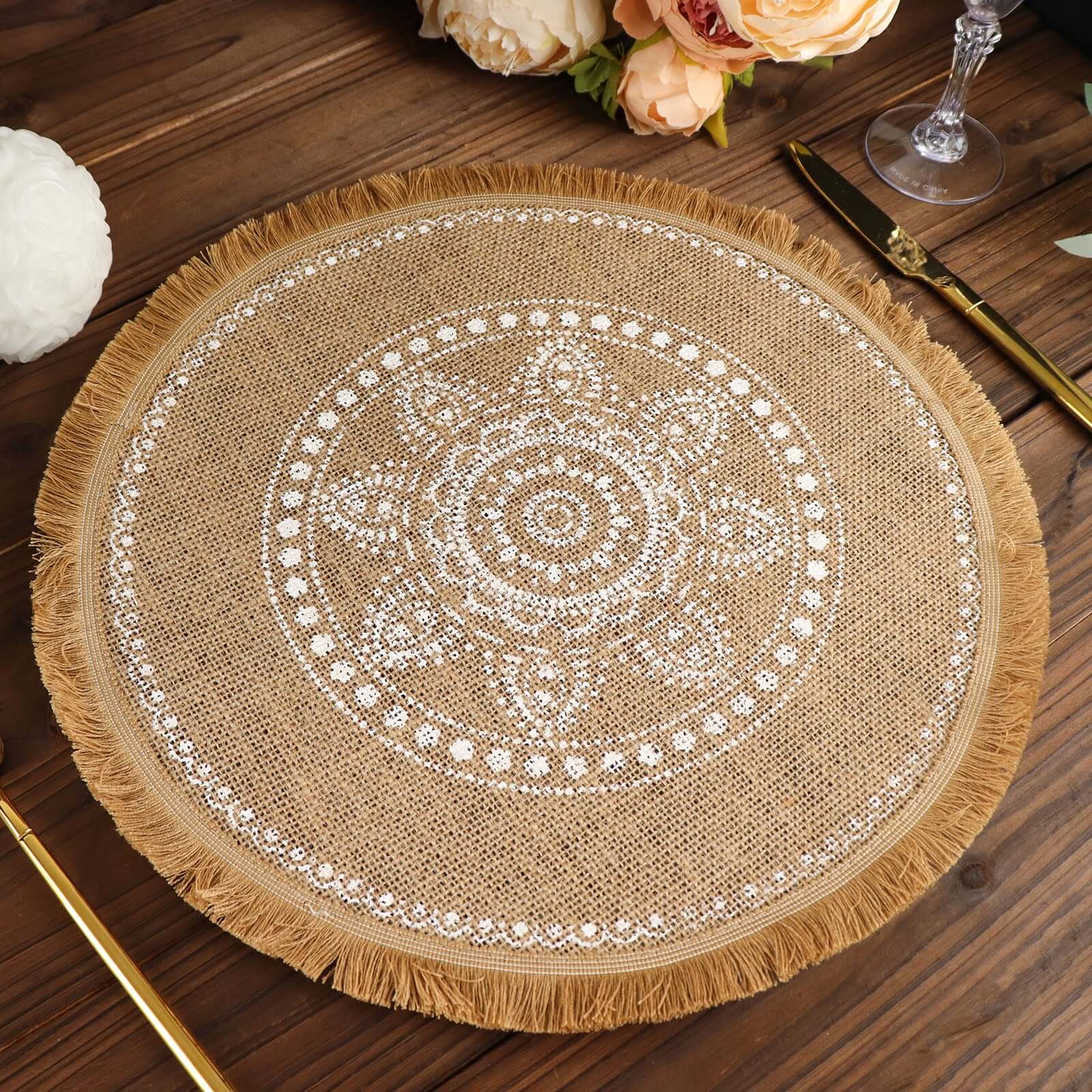 4 - Pack Placemats White Embroidery Print Design Natural Jute Fringe Round - Rustic Burlap Woven Style 15" - Bell Racket Store