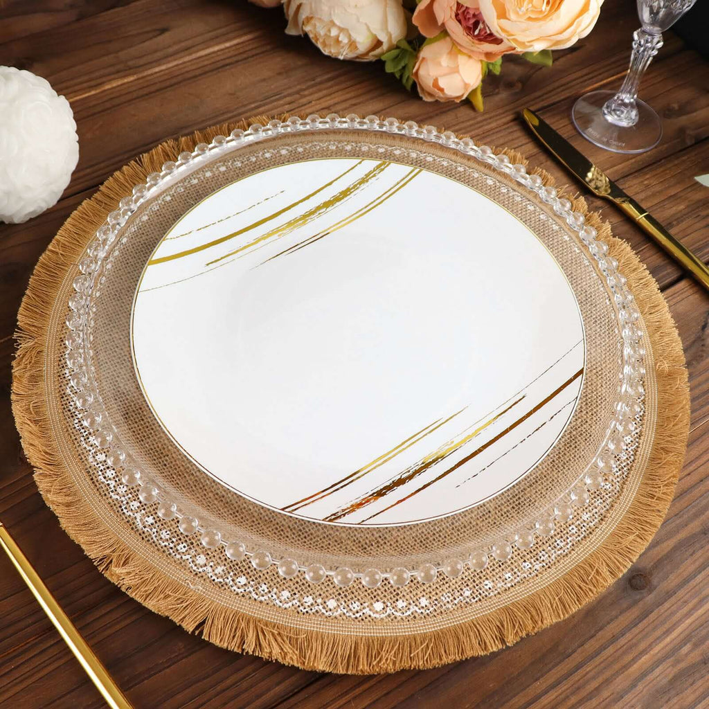 4 - Pack Placemats White Embroidery Print Design Natural Jute Fringe Round - Rustic Burlap Woven Style 15" - Bell Racket Store