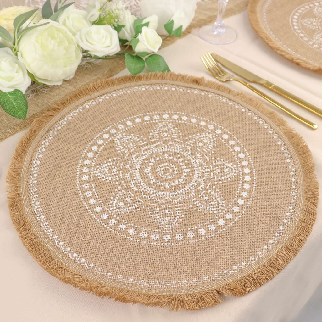 4 - Pack Placemats White Embroidery Print Design Natural Jute Fringe Round - Rustic Burlap Woven Style 15" - Bell Racket Store