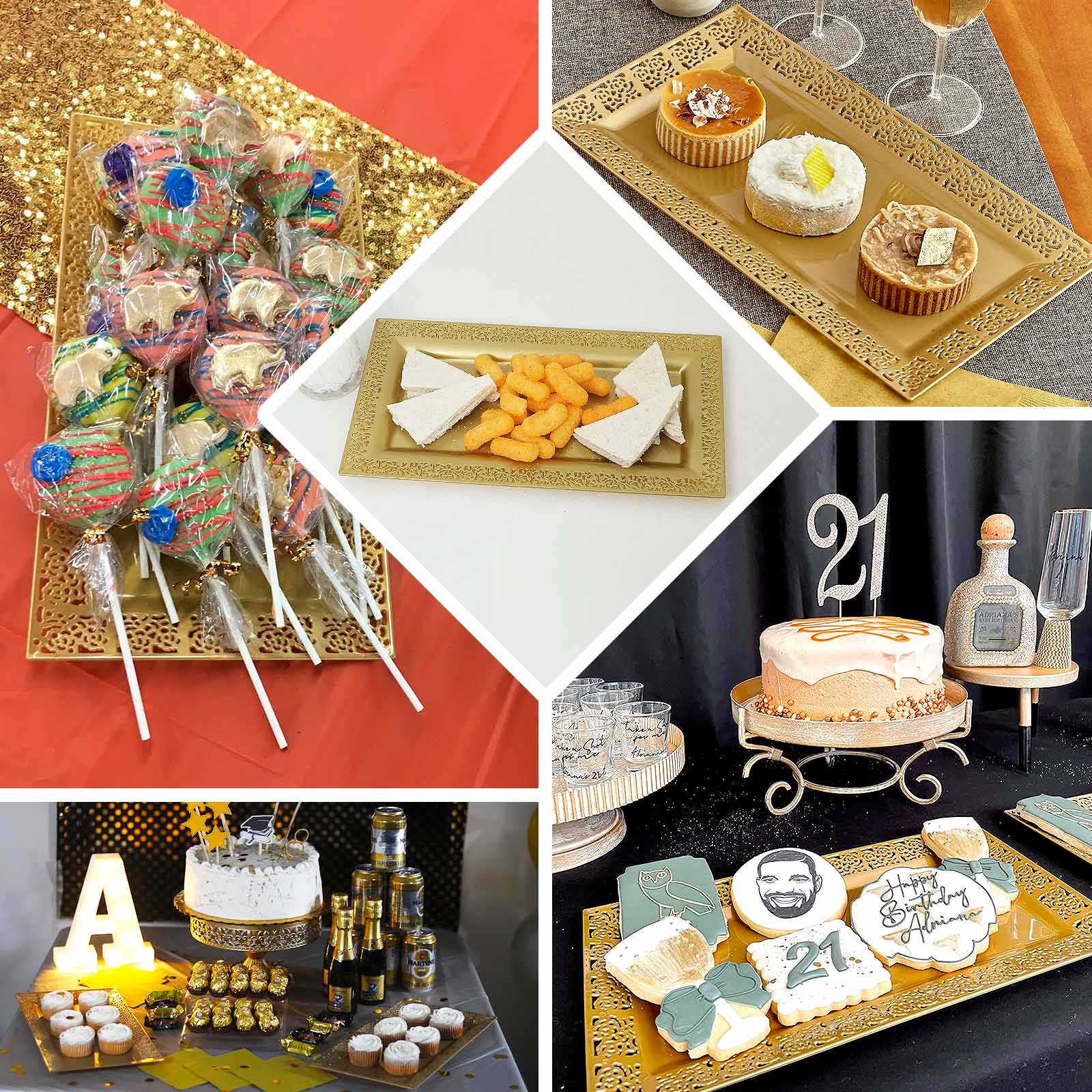 4 - Pack Plastic 14" Rectangle Serving Trays Gold with Lace Rim - Chic Decorative Table Tray Platters for Buffets Banquets Dinner Parties - Bell Racket Store