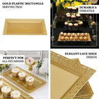 4 - Pack Plastic 14" Rectangle Serving Trays Gold with Lace Rim - Chic Decorative Table Tray Platters for Buffets Banquets Dinner Parties - Bell Racket Store