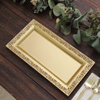 4 - Pack Plastic 14" Rectangle Serving Trays Gold with Lace Rim - Chic Decorative Table Tray Platters for Buffets Banquets Dinner Parties - Bell Racket Store