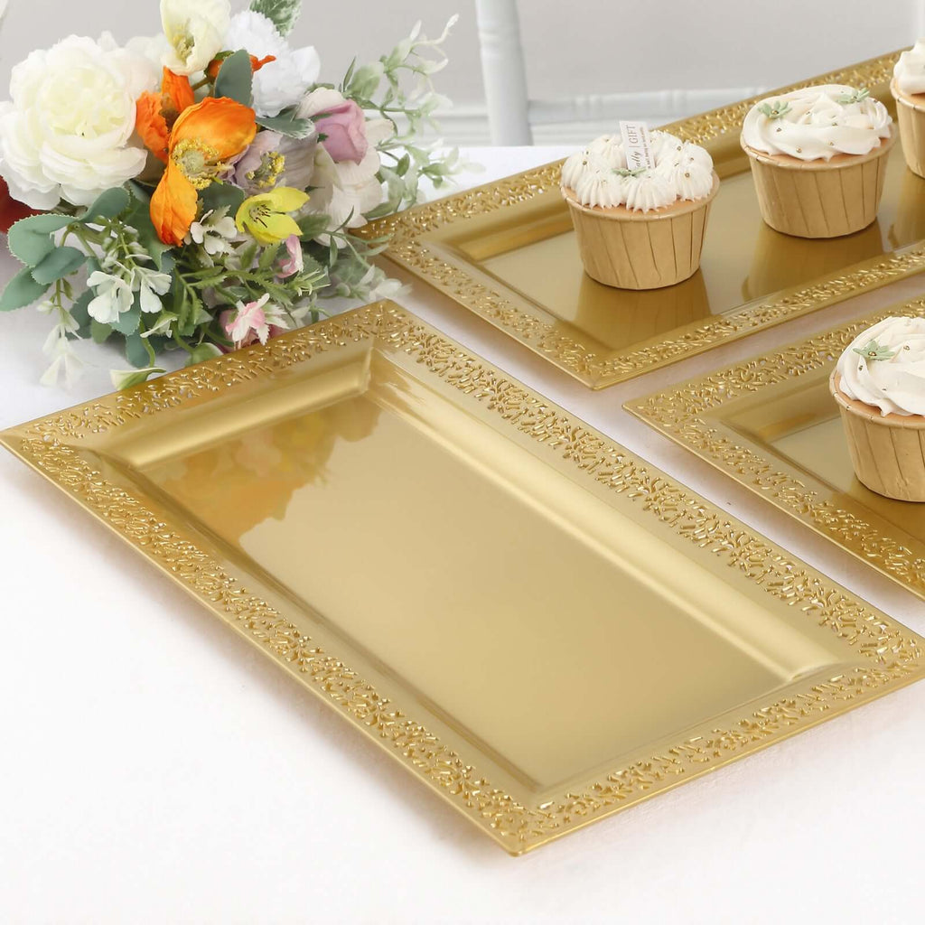 4 - Pack Plastic 14" Rectangle Serving Trays Gold with Lace Rim - Chic Decorative Table Tray Platters for Buffets Banquets Dinner Parties - Bell Racket Store