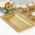 4 - Pack Plastic 14" Rectangle Serving Trays Gold with Lace Rim - Chic Decorative Table Tray Platters for Buffets Banquets Dinner Parties - Bell Racket Store