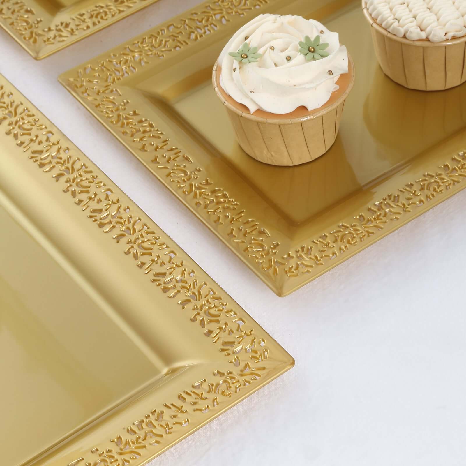 4 - Pack Plastic 14" Rectangle Serving Trays Gold with Lace Rim - Chic Decorative Table Tray Platters for Buffets Banquets Dinner Parties - Bell Racket Store