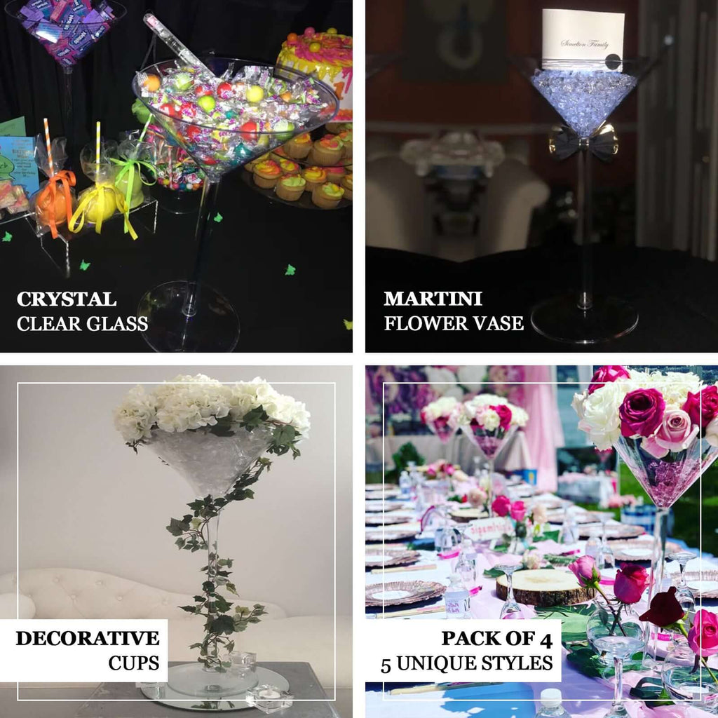 4 - Pack Plastic Flower Vases Martini Glass Design Clear - Fillable Long Stem Event Centerpieces 18" - Bell Racket Store