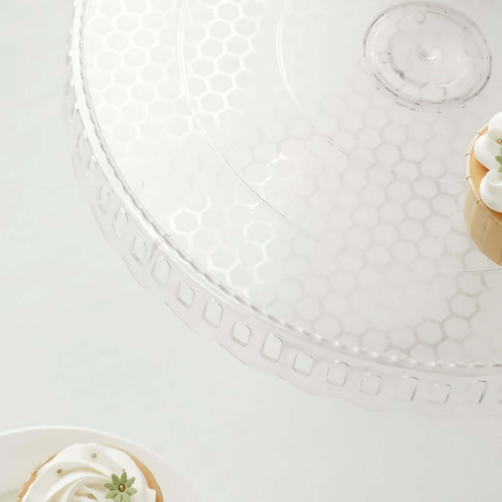 4 - Pack Plastic Round Pedestal Cake Stands Clear - Reusable Cupcake Pastry Display Risers with Hollow Ribbon Trim Edges for Stylish Dessert Presentation 13" - Bell Racket Store