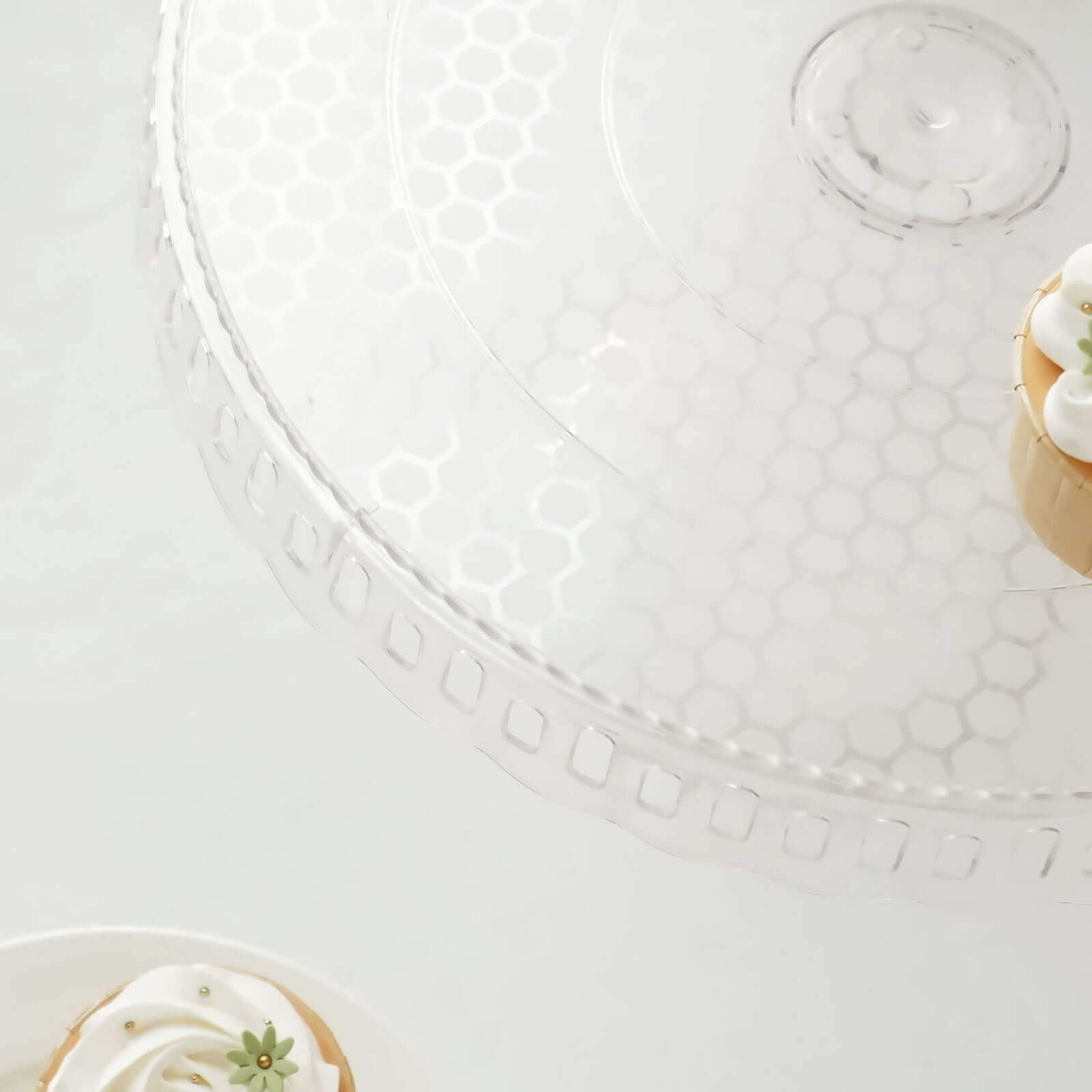 4 - Pack Plastic Round Pedestal Cake Stands Clear - Reusable Cupcake Pastry Display Risers with Hollow Ribbon Trim Edges for Stylish Dessert Presentation 13" - Bell Racket Store