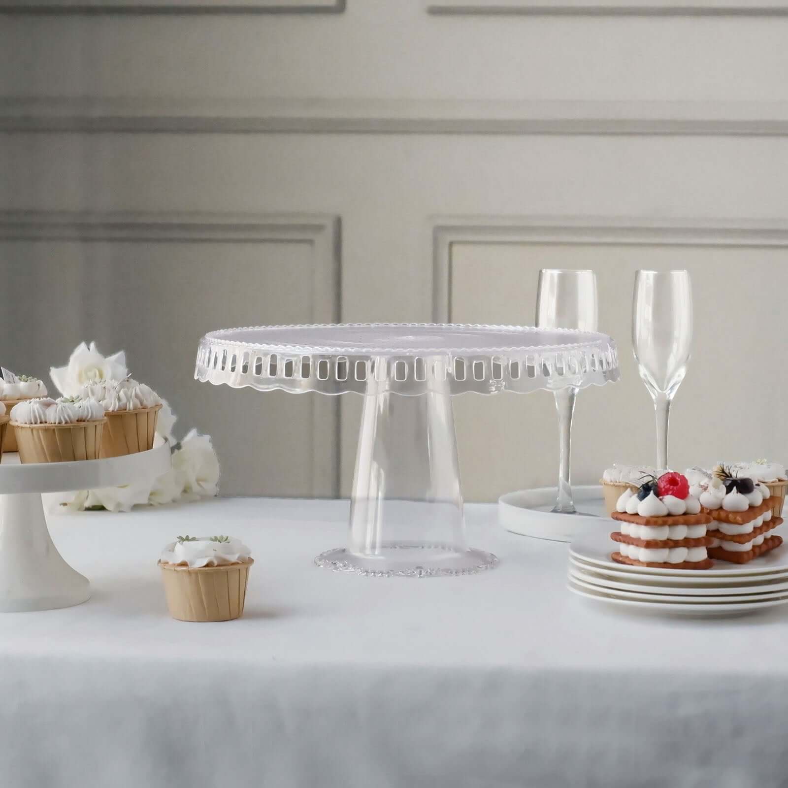 4 - Pack Plastic Round Pedestal Cake Stands Clear - Reusable Cupcake Pastry Display Risers with Hollow Ribbon Trim Edges for Stylish Dessert Presentation 13" - Bell Racket Store