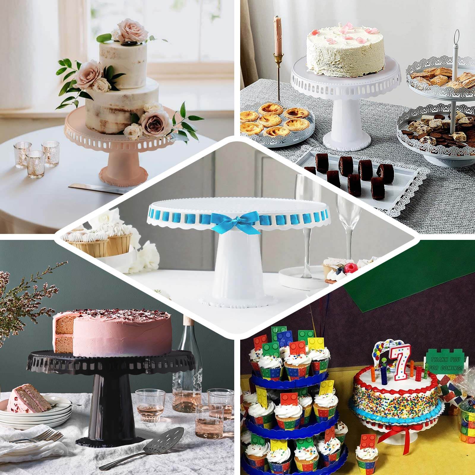 4 - Pack Plastic Round Pedestal Cake Stands Clear - Reusable Cupcake Pastry Display Risers with Hollow Ribbon Trim Edges for Stylish Dessert Presentation 13" - Bell Racket Store