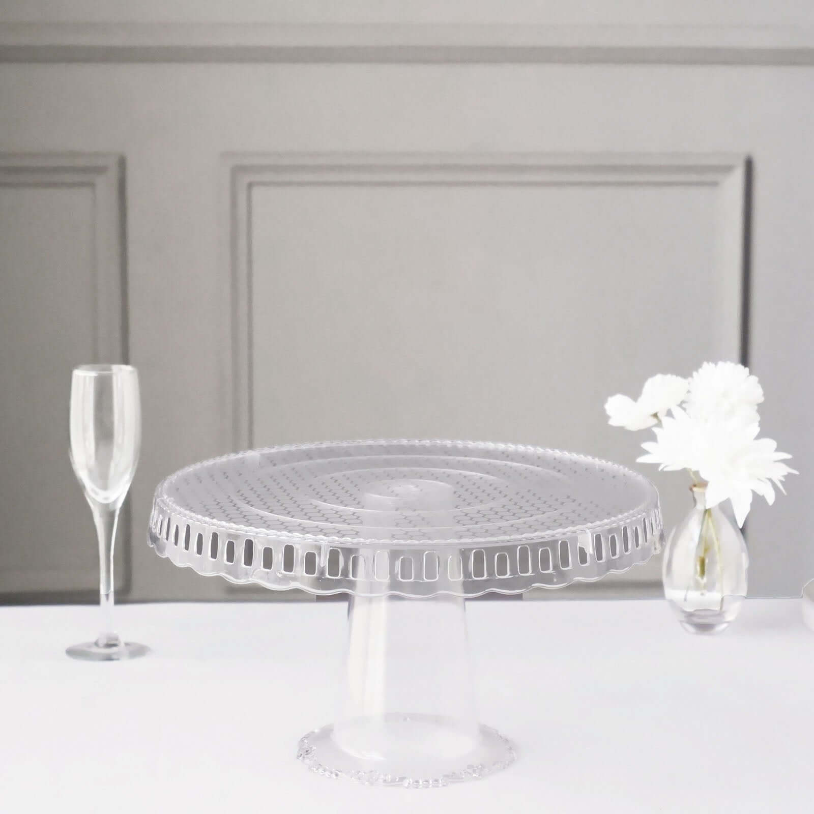 4 - Pack Plastic Round Pedestal Cake Stands Clear - Reusable Cupcake Pastry Display Risers with Hollow Ribbon Trim Edges for Stylish Dessert Presentation 13" - Bell Racket Store
