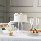 4 - Pack Plastic Round Pedestal Cake Stands Clear - Reusable Cupcake Pastry Display Risers with Hollow Ribbon Trim Edges for Stylish Dessert Presentation 13" - Bell Racket Store