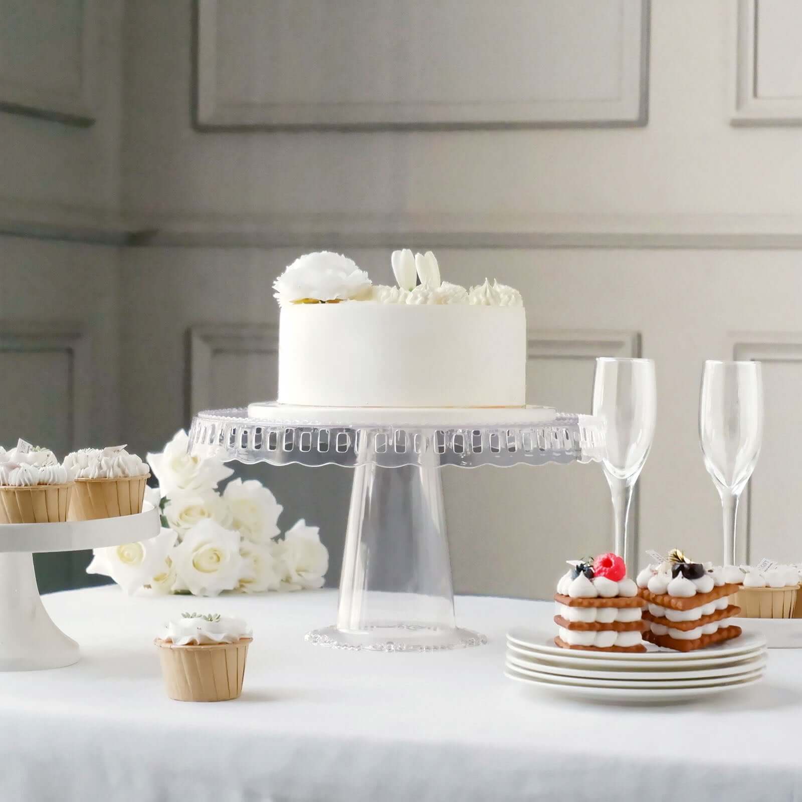 4 - Pack Plastic Round Pedestal Cake Stands Clear - Reusable Cupcake Pastry Display Risers with Hollow Ribbon Trim Edges for Stylish Dessert Presentation 13" - Bell Racket Store