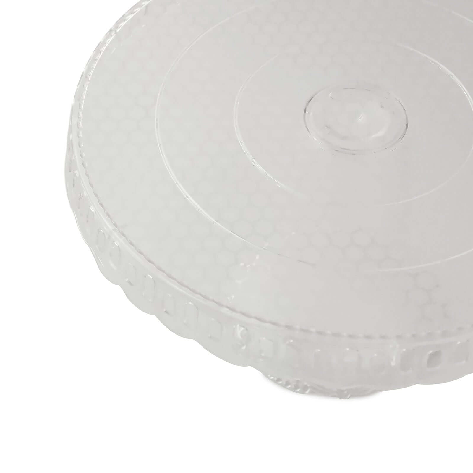 4 - Pack Plastic Round Pedestal Cake Stands Clear - Reusable Cupcake Pastry Display Risers with Hollow Ribbon Trim Edges for Stylish Dessert Presentation 13" - Bell Racket Store