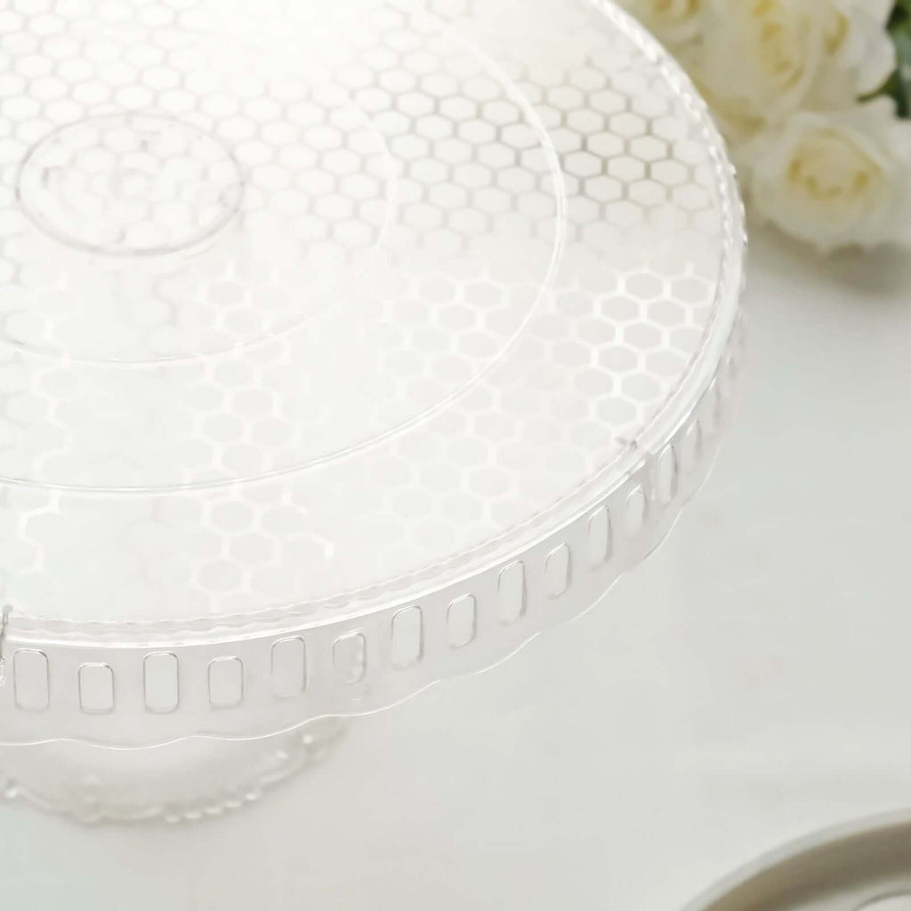 4 - Pack Plastic Round Pedestal Cake Stands Clear - Reusable Cupcake Pastry Display Risers with Hollow Ribbon Trim Edges for Stylish Dessert Presentation 13" - Bell Racket Store