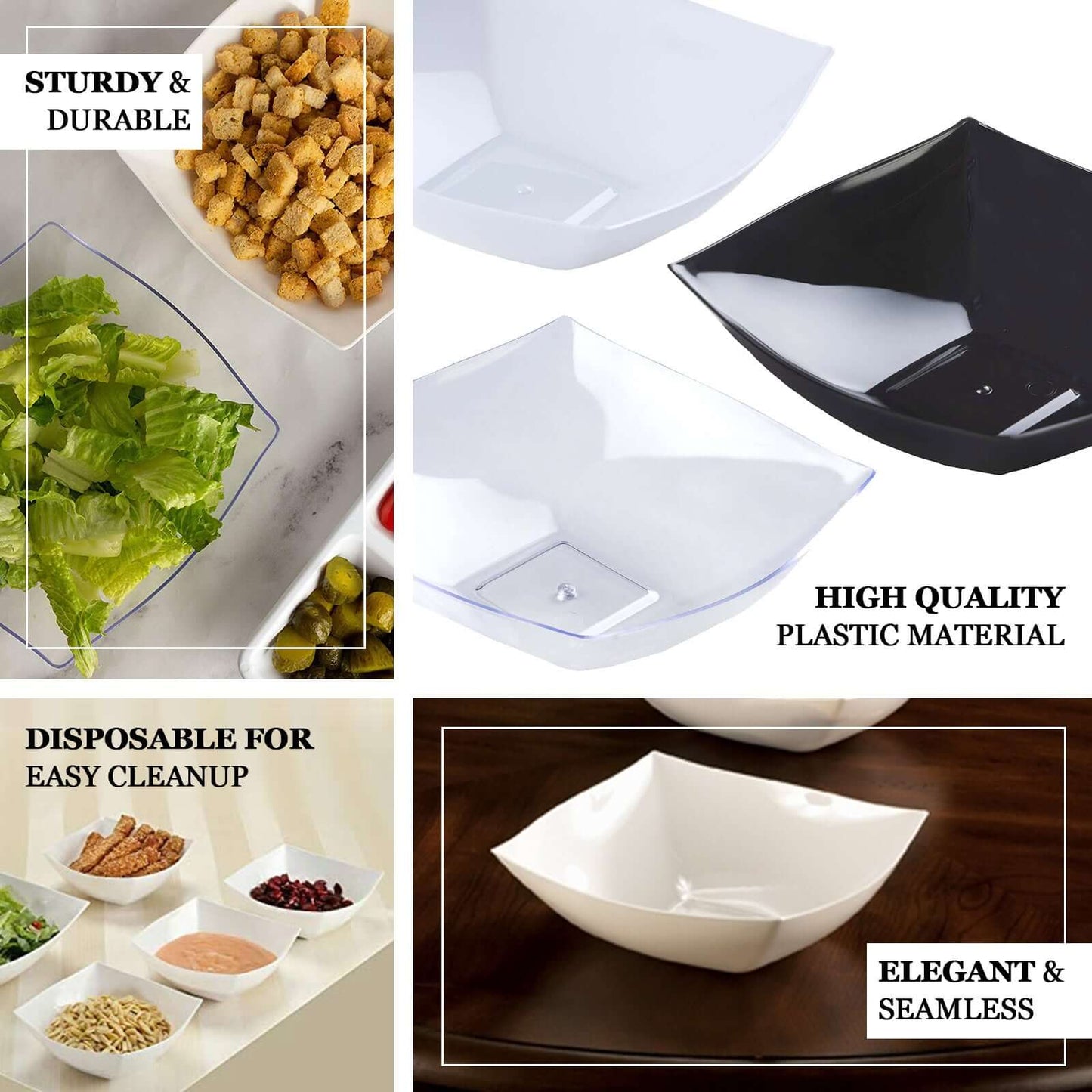 4 - Pack Plastic Serving Bowls White Square - Lightweight Medium Disposable Dishes for Events 32oz - NestOCart