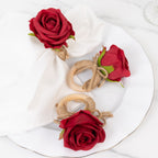 4 Pack Red Artificial Rose Flower Wooden Napkin Holders, Farmhouse Country Floral Napkin Rings - 4" - Bell Racket Store