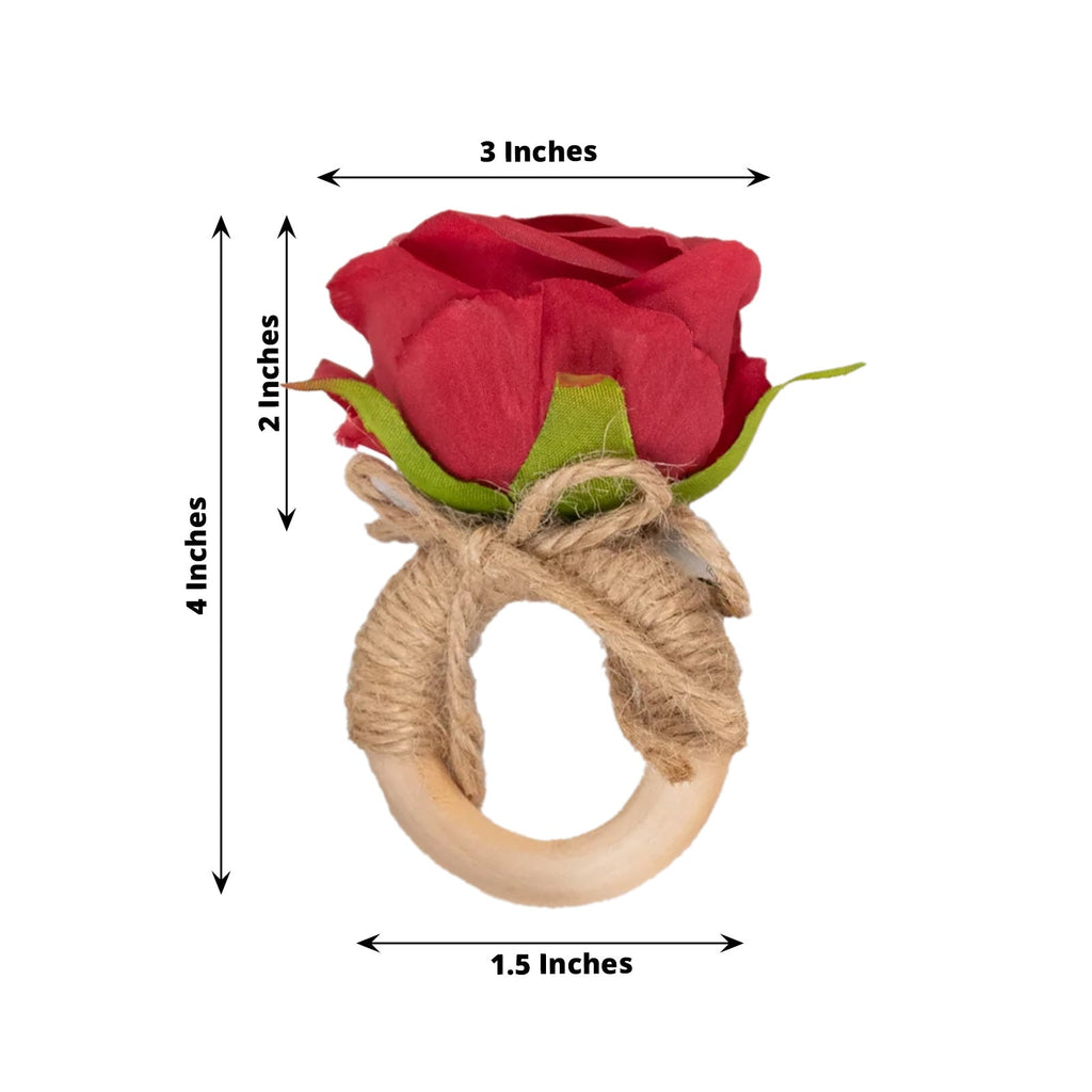4 Pack Red Artificial Rose Flower Wooden Napkin Holders, Farmhouse Country Floral Napkin Rings - 4" - Bell Racket Store