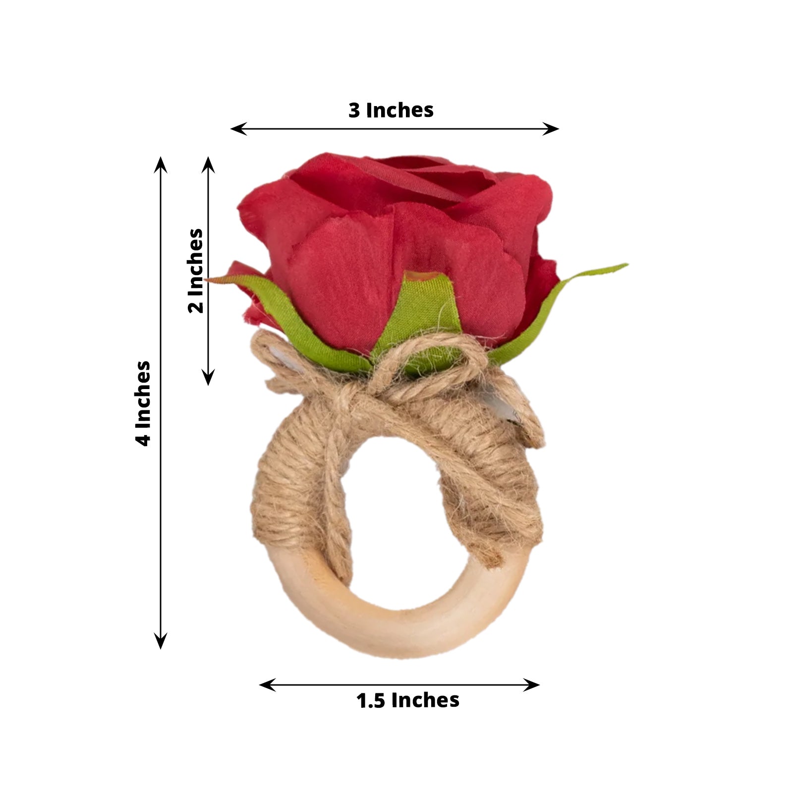 4 Pack Red Artificial Rose Flower Wooden Napkin Holders, Farmhouse Country Floral Napkin Rings - 4" - Bell Racket Store