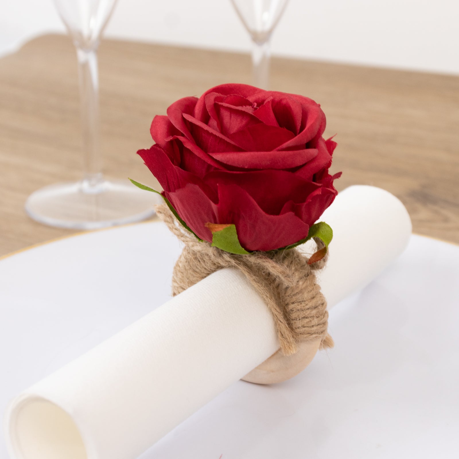 4 Pack Red Artificial Rose Flower Wooden Napkin Holders, Farmhouse Country Floral Napkin Rings - 4" - Bell Racket Store