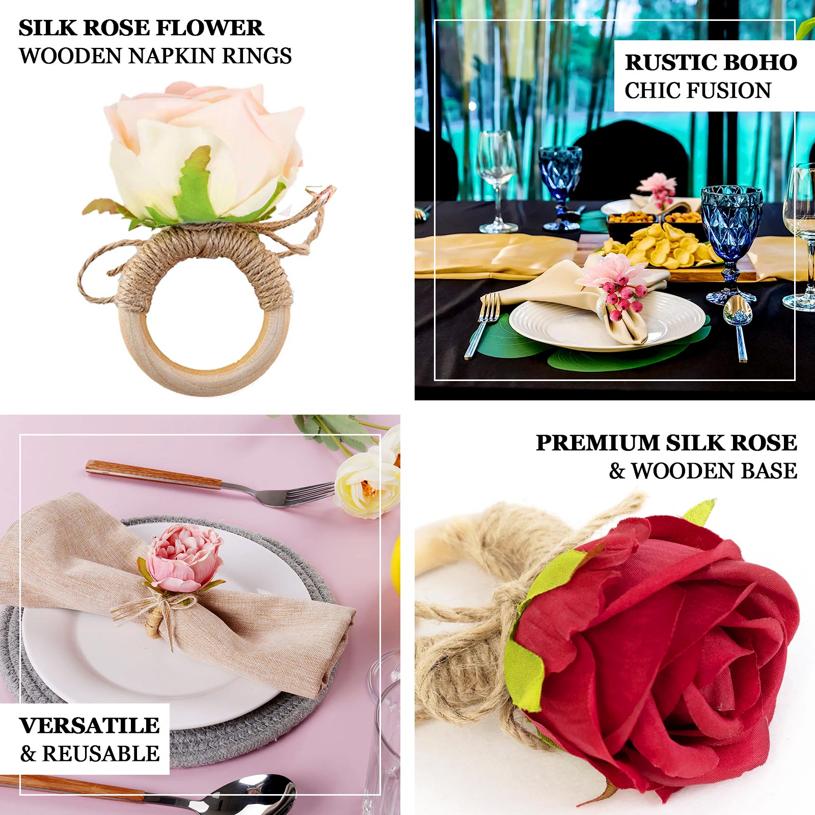 4 Pack Red Artificial Rose Flower Wooden Napkin Holders, Farmhouse Country Floral Napkin Rings - 4" - Bell Racket Store