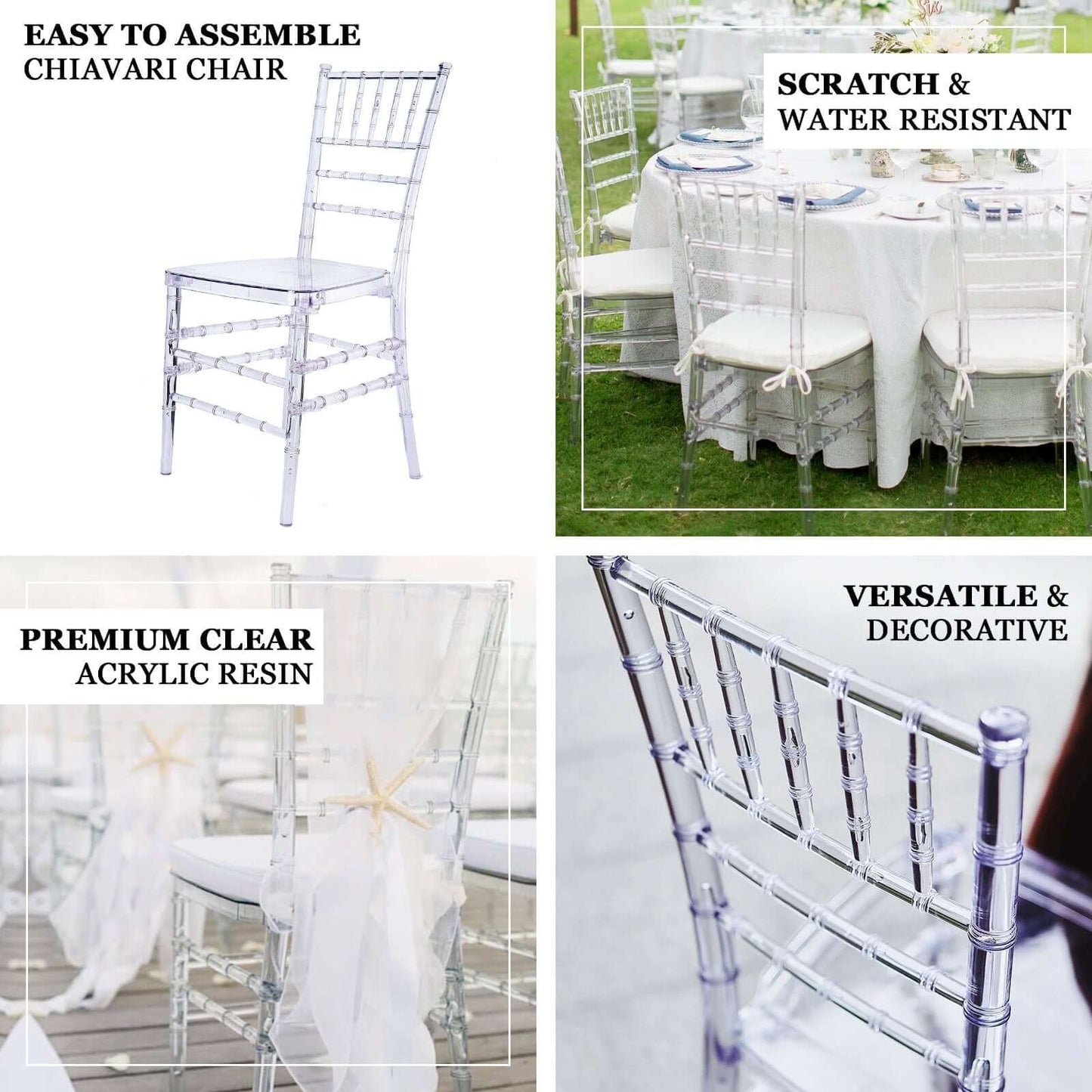 4 Pack Resin Chiavari Chairs Transparent and Stackable Clear - Sleek Armless Design for Weddings & Gatherings - Bell Racket Store
