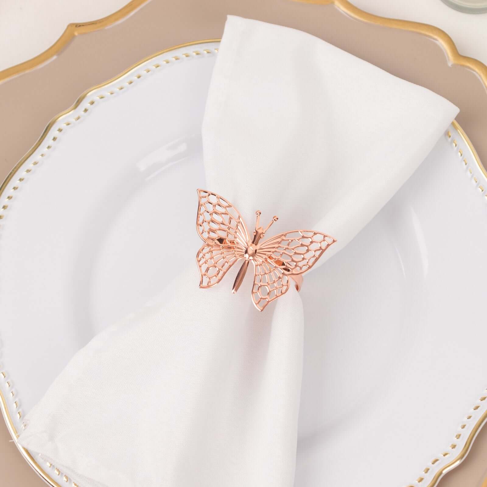 4 Pack Rose Gold Metal Butterfly Napkin Rings, Decorative Laser Cut Cloth Napkin Holders - Bell Racket Store