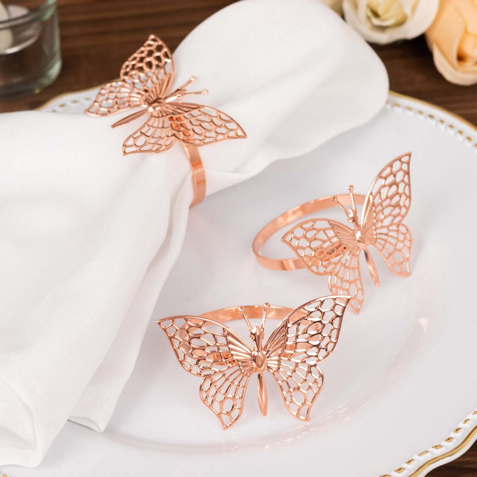 4 Pack Rose Gold Metal Butterfly Napkin Rings, Decorative Laser Cut Cloth Napkin Holders - Bell Racket Store