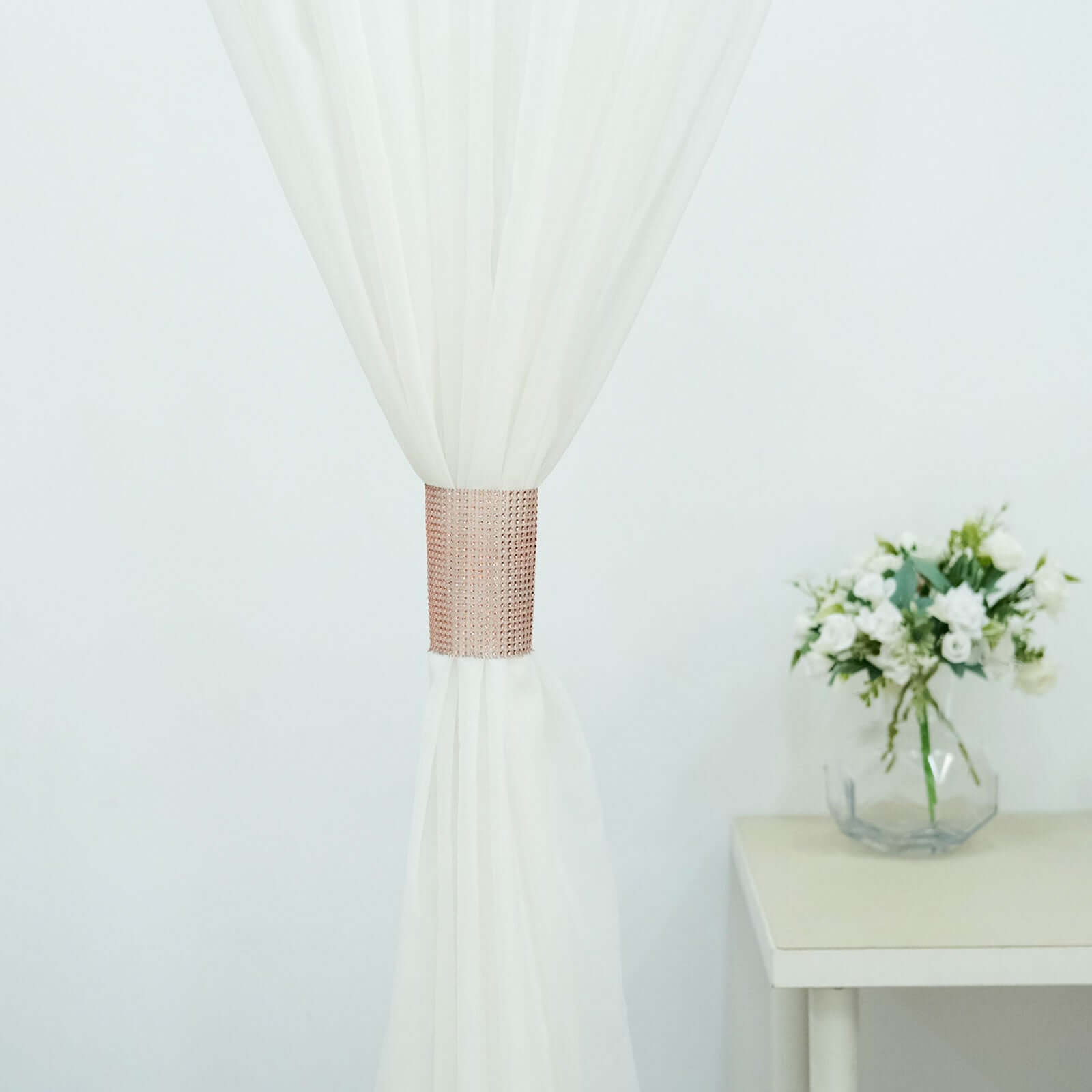 4 Pack Rose Gold Rhinestone Mesh Velcro Backdrop Curtain Bands, Large Chair Sash Clip Tie Backs - 5"X10" - Bell Racket Store