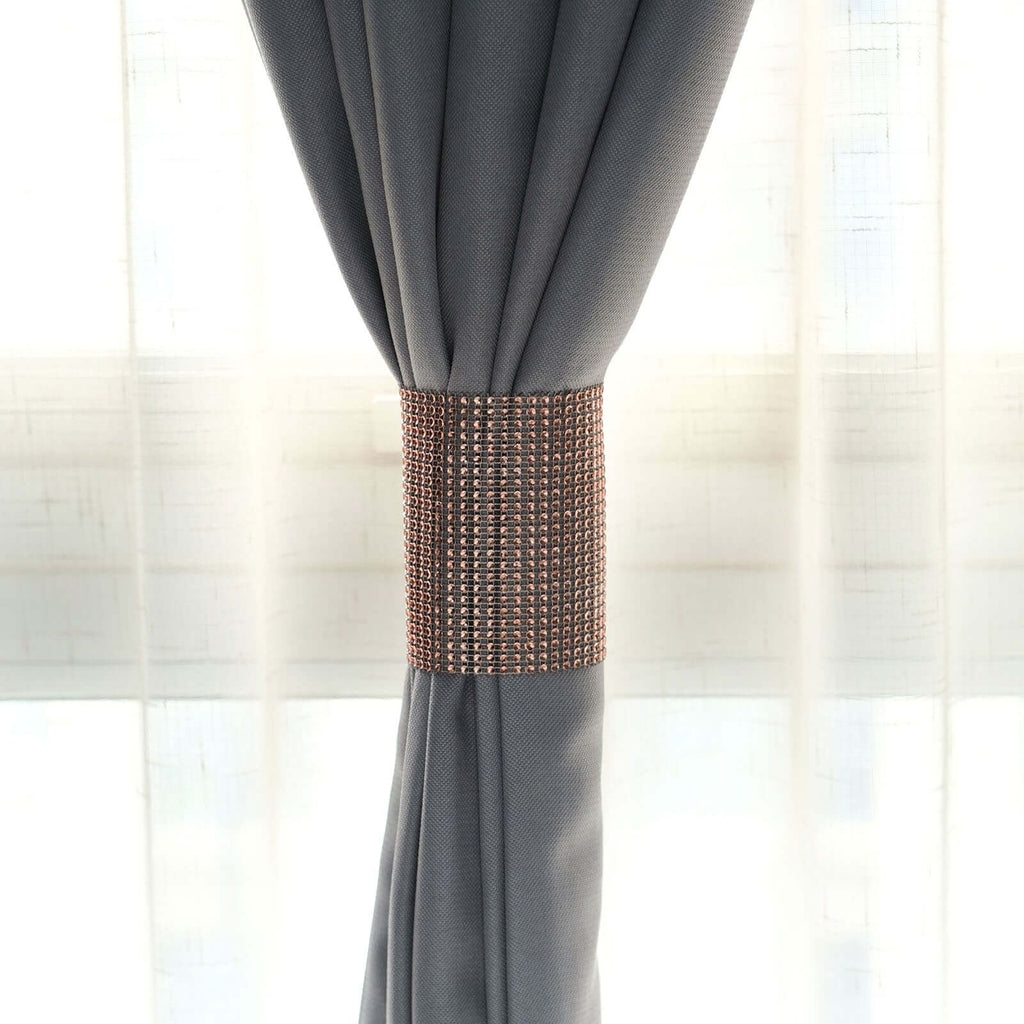 4 Pack Rose Gold Rhinestone Mesh Velcro Backdrop Curtain Bands, Large Chair Sash Clip Tie Backs - 5"X10" - Bell Racket Store