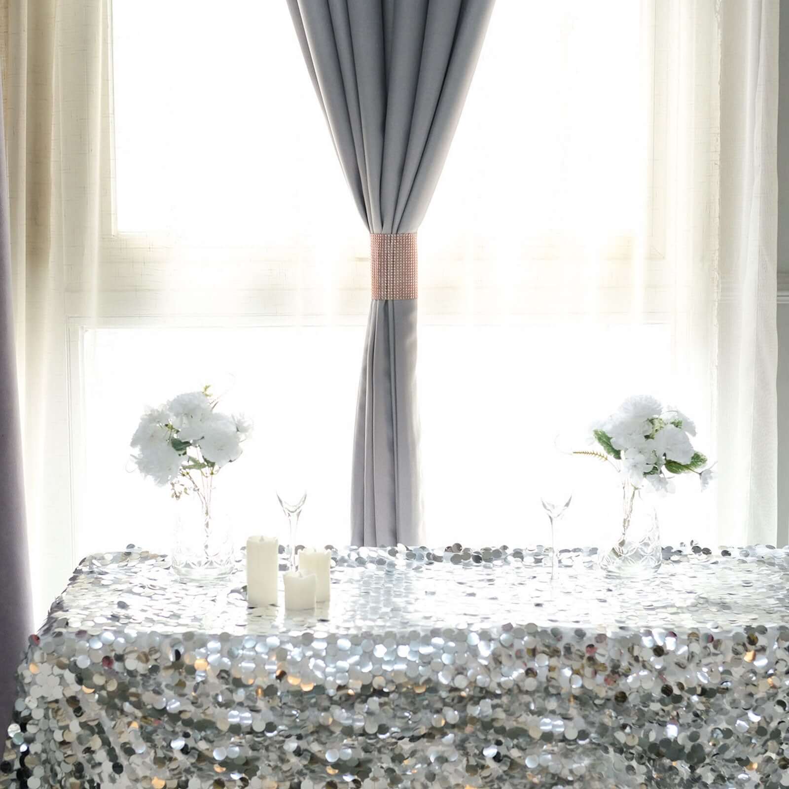 4 Pack Rose Gold Rhinestone Mesh Velcro Backdrop Curtain Bands, Large Chair Sash Clip Tie Backs - 5"X10" - Bell Racket Store