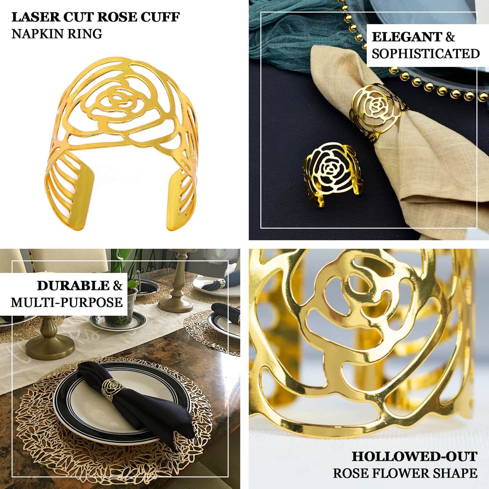 4 Pack Shiny Gold Laser Cut Rose Round Metal Napkin Rings, Decorative Flower Napkin Holders - Bell Racket Store