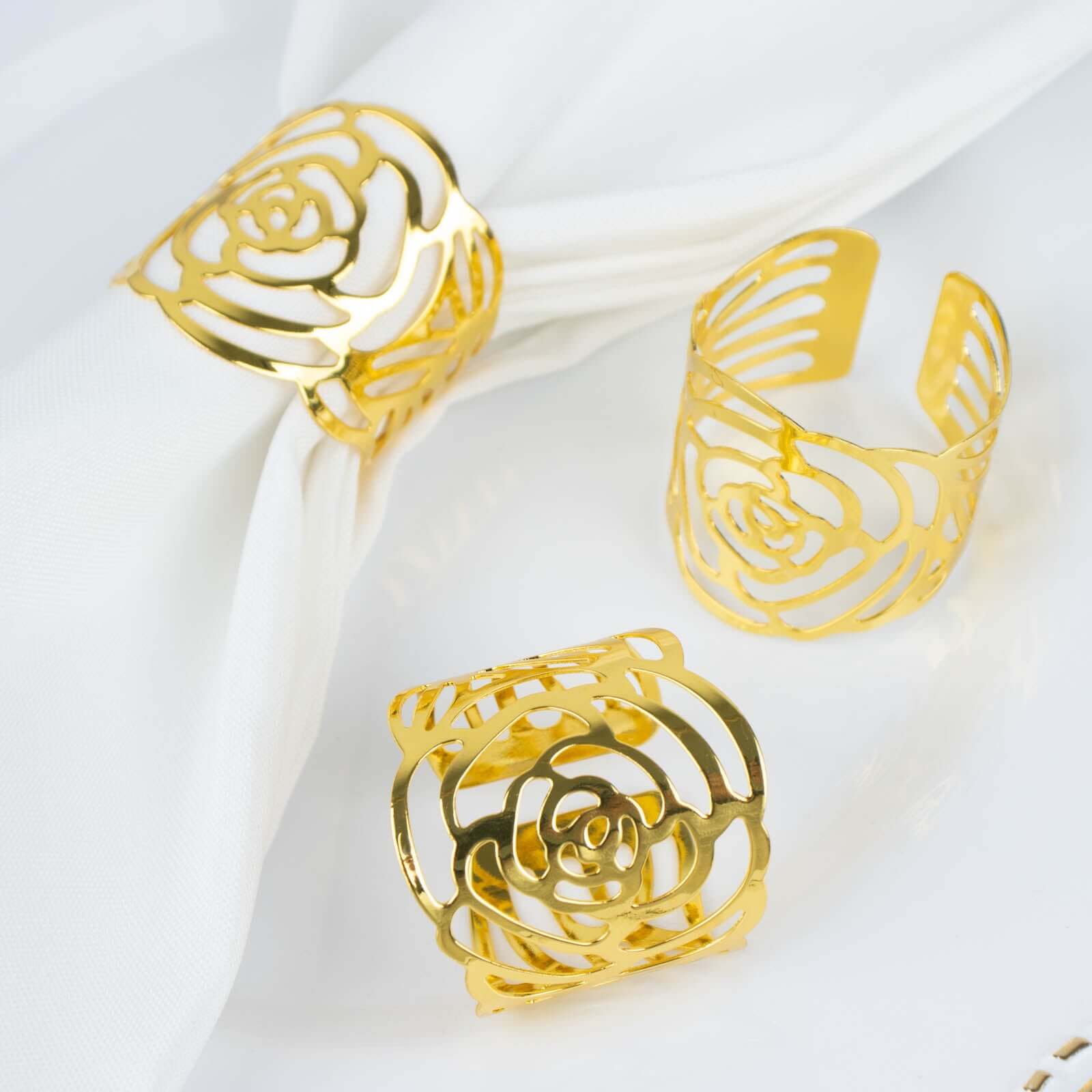 4 Pack Shiny Gold Laser Cut Rose Round Metal Napkin Rings, Decorative Flower Napkin Holders - Bell Racket Store