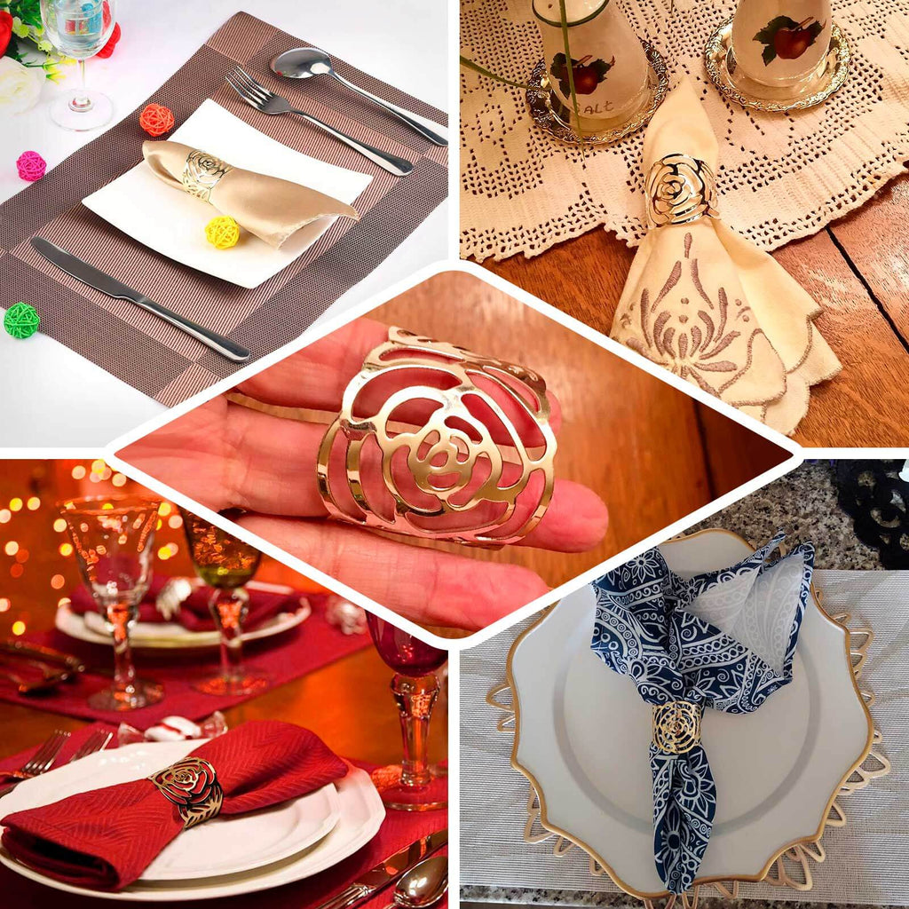 4 Pack Shiny Gold Laser Cut Rose Round Metal Napkin Rings, Decorative Flower Napkin Holders - Bell Racket Store