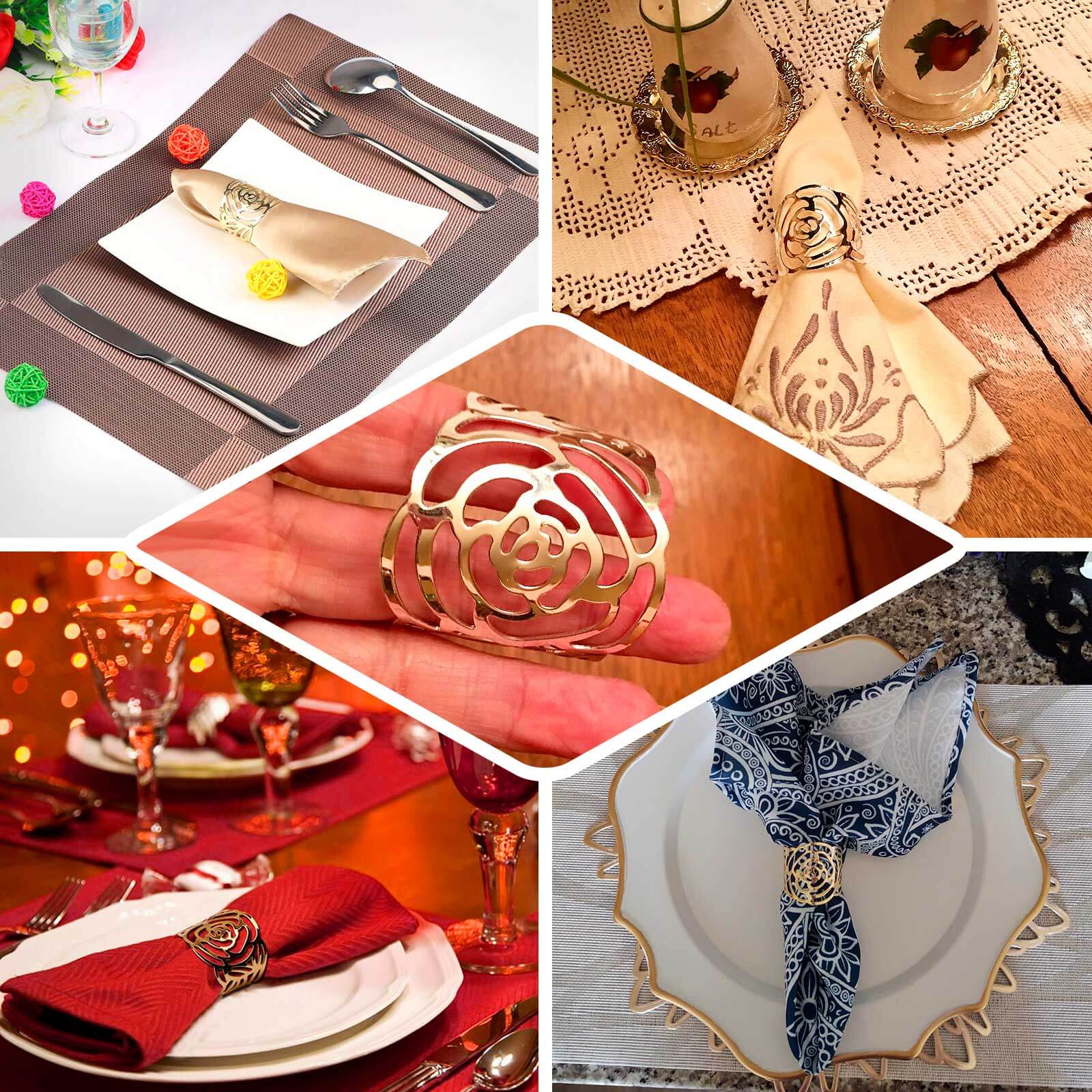 4 Pack Shiny Gold Laser Cut Rose Round Metal Napkin Rings, Decorative Flower Napkin Holders - Bell Racket Store