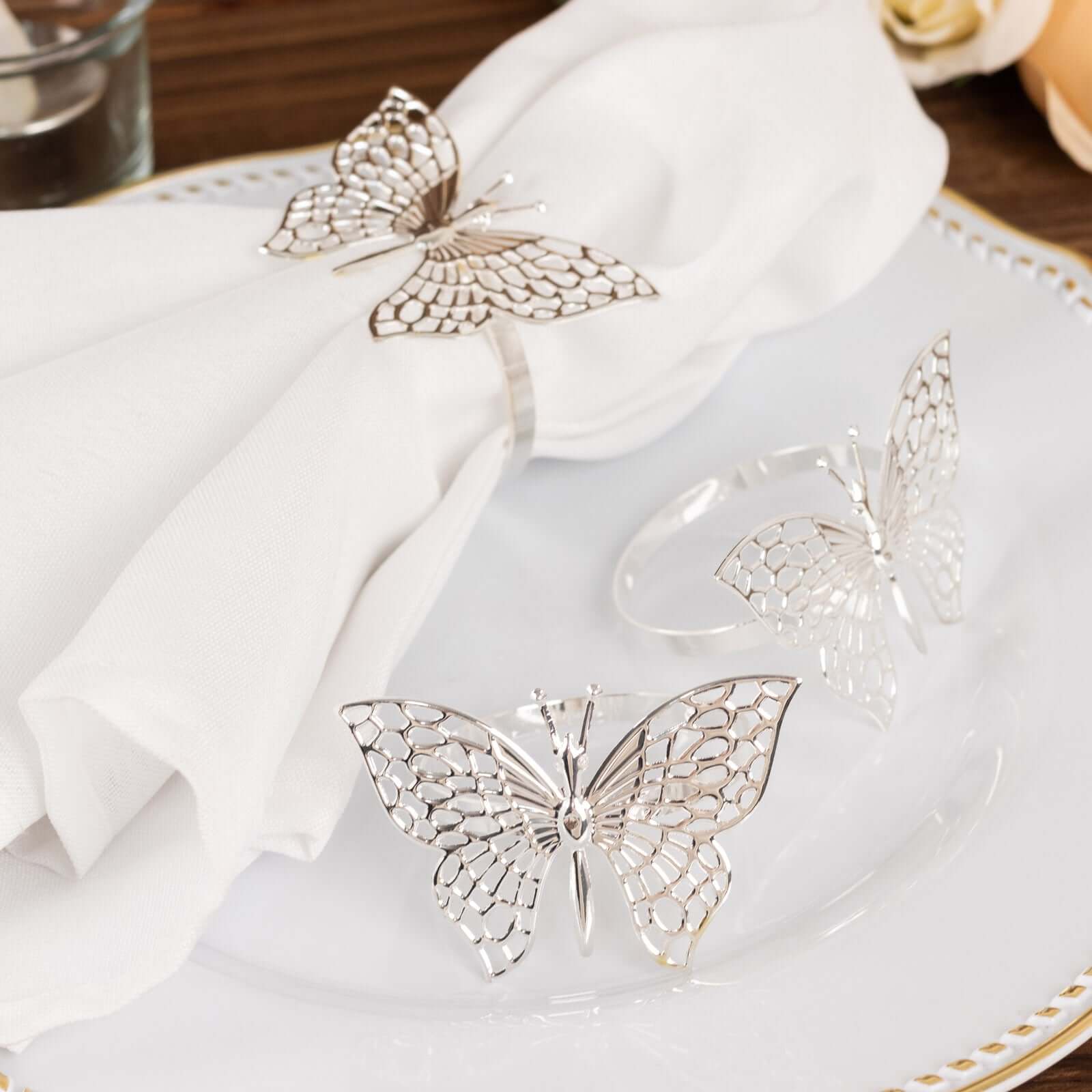 4 Pack Silver Metal Butterfly Napkin Rings, Decorative Laser Cut Cloth Napkin Holders - Bell Racket Store
