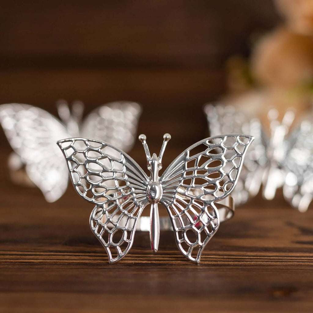 4 Pack Silver Metal Butterfly Napkin Rings, Decorative Laser Cut Cloth Napkin Holders - Bell Racket Store