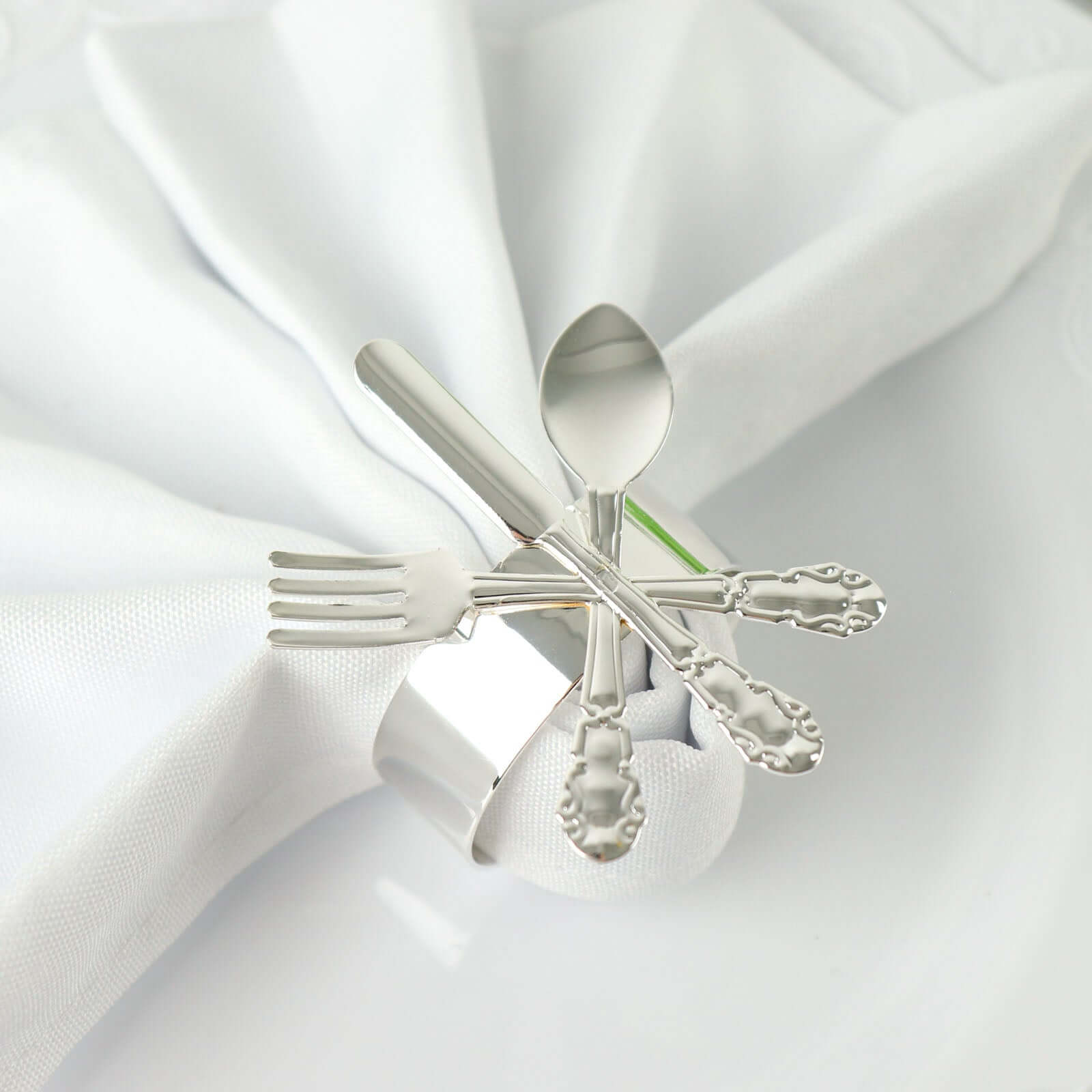 4 Pack Silver Metal Fork Knife Spoon Design Napkin Rings - Utensil Themed Napkin Holders - Bell Racket Store