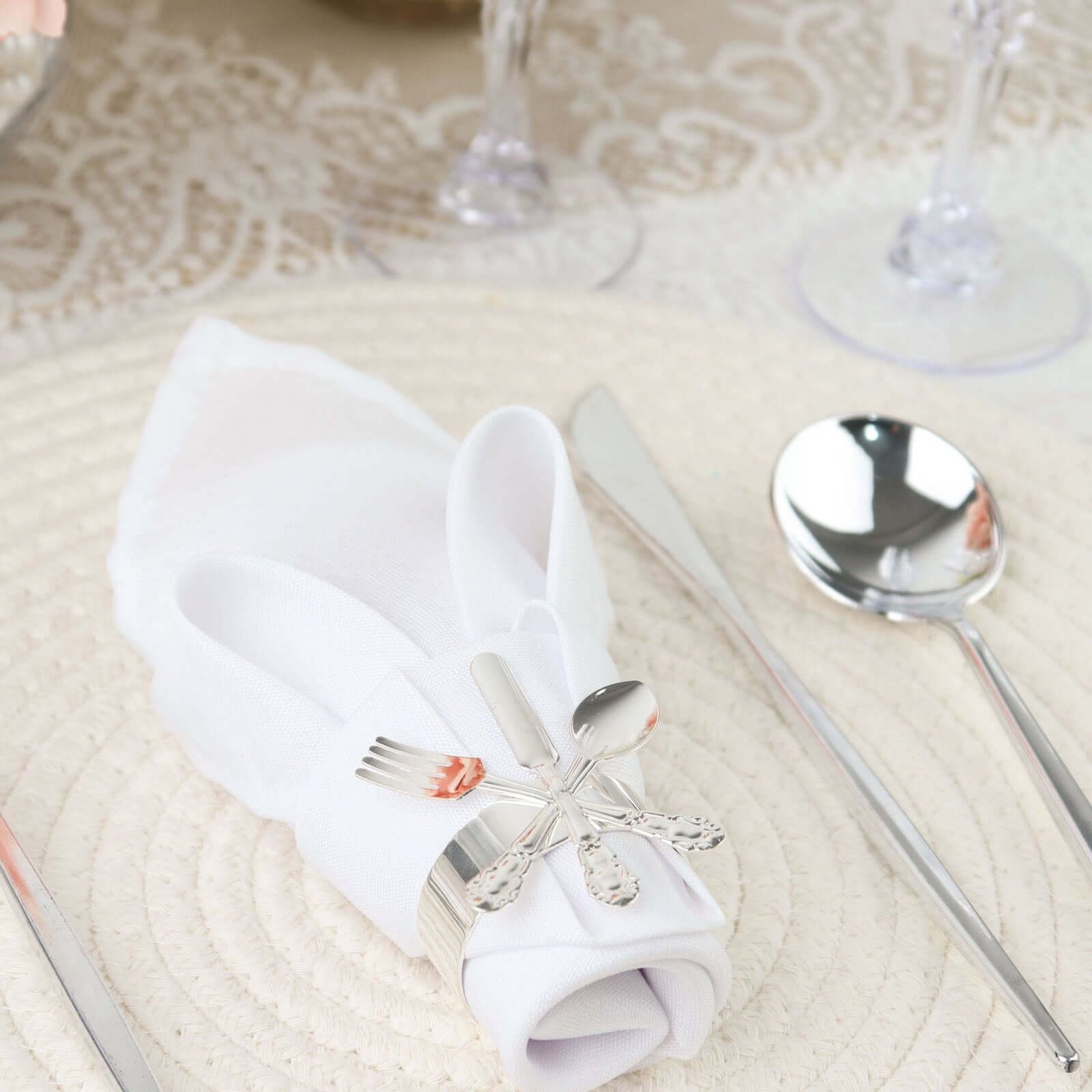 4 Pack Silver Metal Fork Knife Spoon Design Napkin Rings - Utensil Themed Napkin Holders - Bell Racket Store