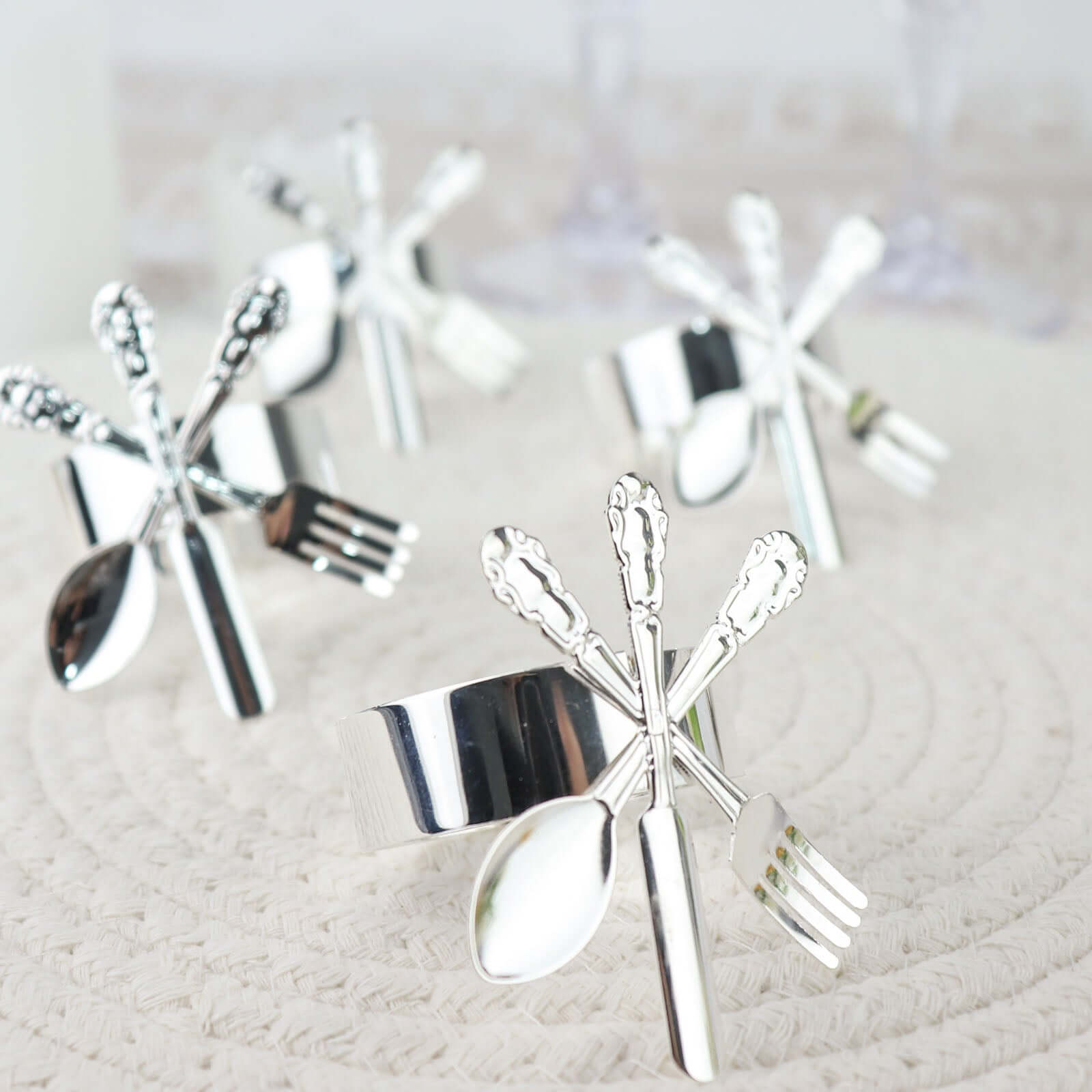 4 Pack Silver Metal Fork Knife Spoon Design Napkin Rings - Utensil Themed Napkin Holders - Bell Racket Store
