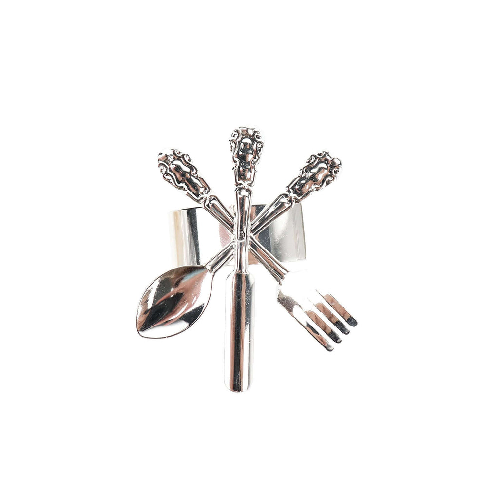 4 Pack Silver Metal Fork Knife Spoon Design Napkin Rings - Utensil Themed Napkin Holders - Bell Racket Store