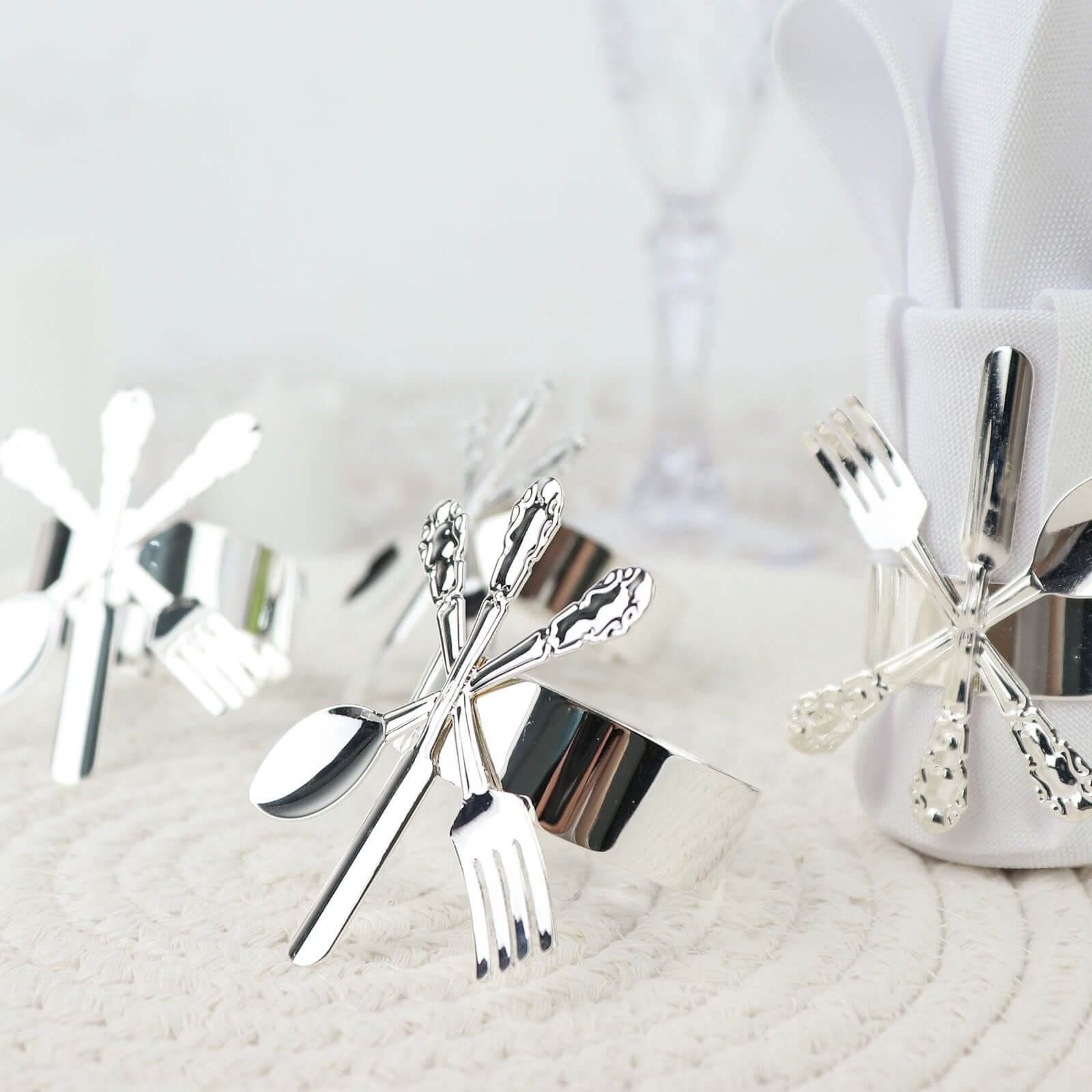 4 Pack Silver Metal Fork Knife Spoon Design Napkin Rings - Utensil Themed Napkin Holders - Bell Racket Store