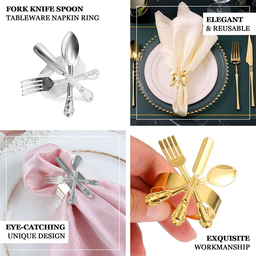 4 Pack Silver Metal Fork Knife Spoon Design Napkin Rings - Utensil Themed Napkin Holders - Bell Racket Store