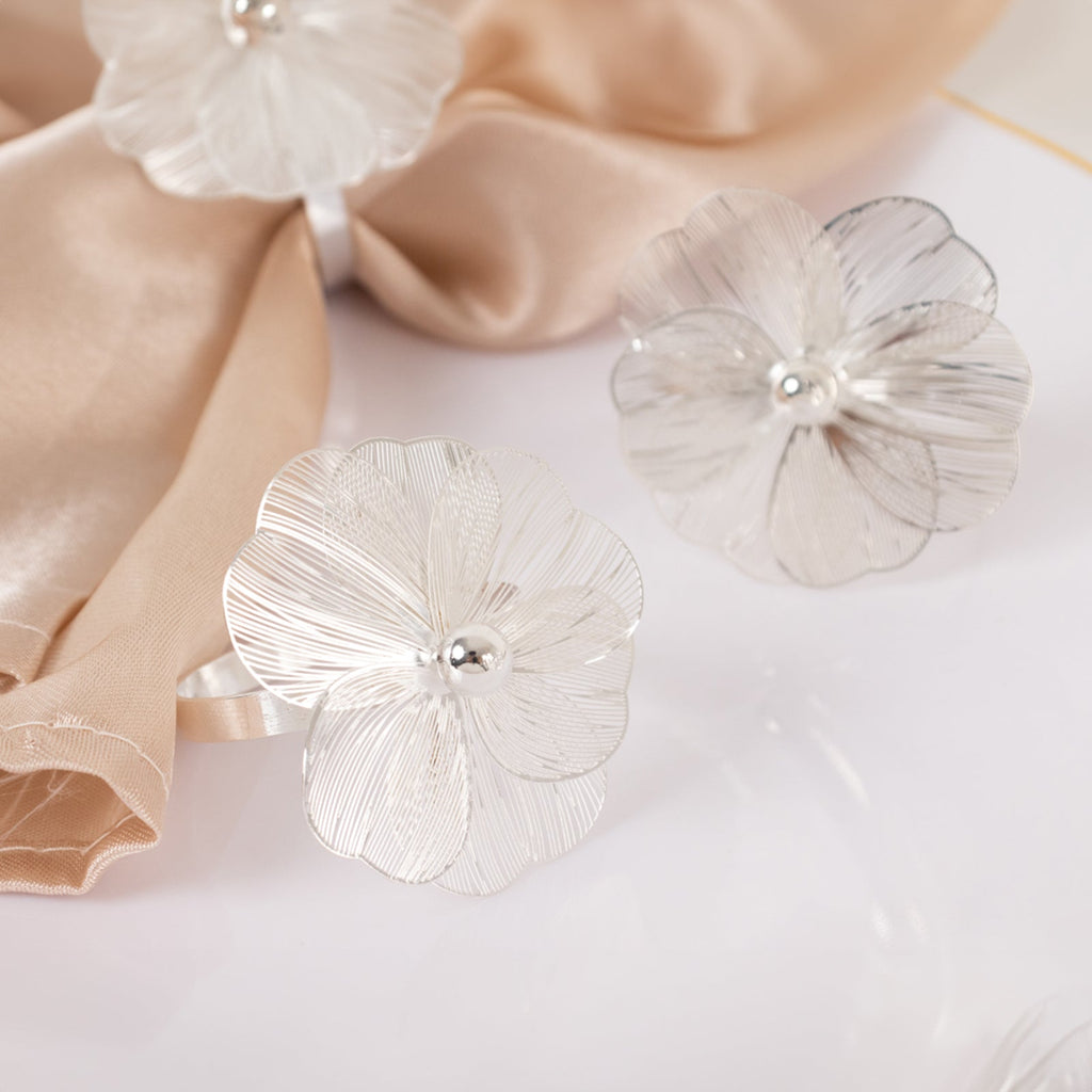 4 Pack Silver Metal Jasmine Flower Napkin Holders with Pearl Center, Decorative Floral Napkin Ring Bands - 2" - Bell Racket Store