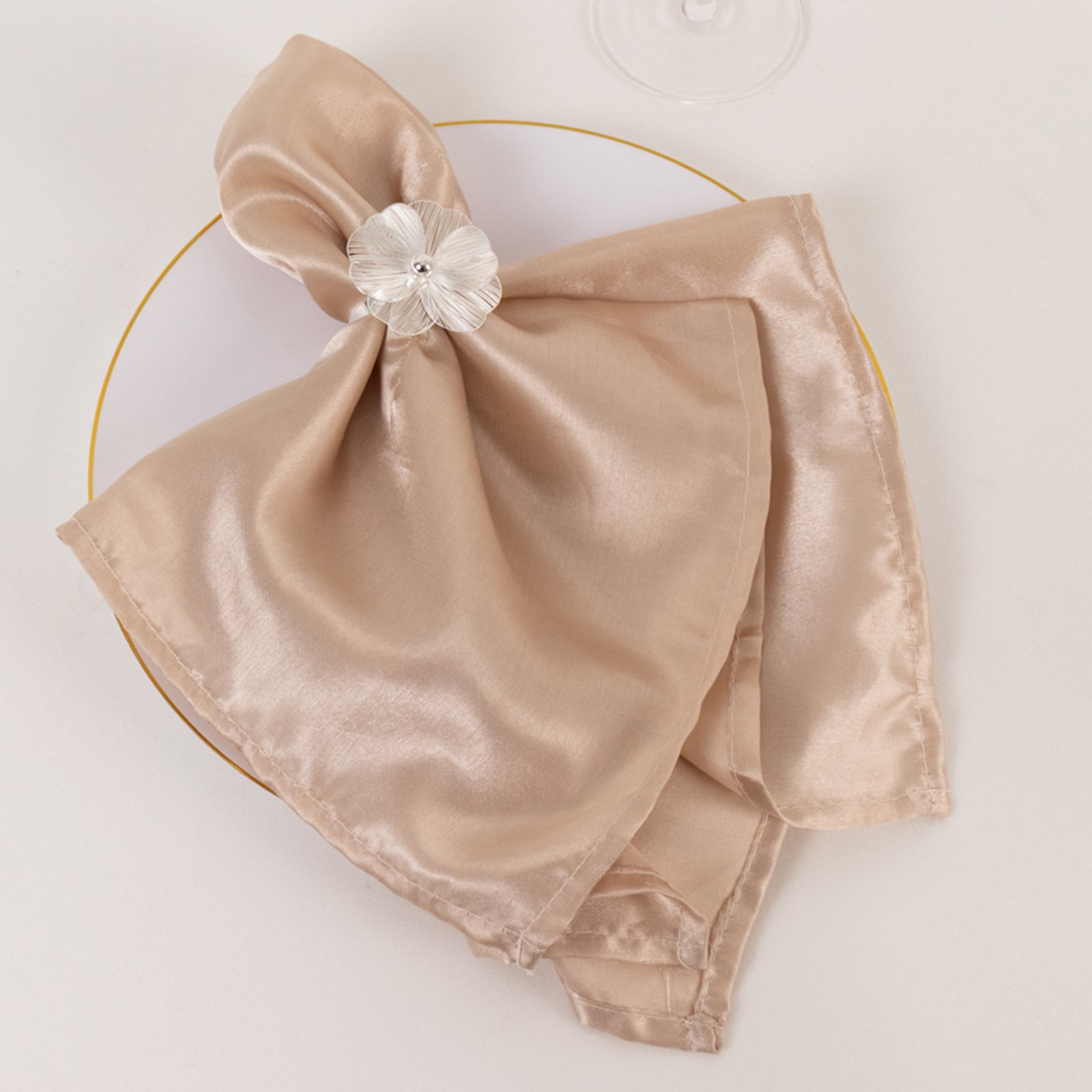 4 Pack Silver Metal Jasmine Flower Napkin Holders with Pearl Center, Decorative Floral Napkin Ring Bands - 2" - Bell Racket Store