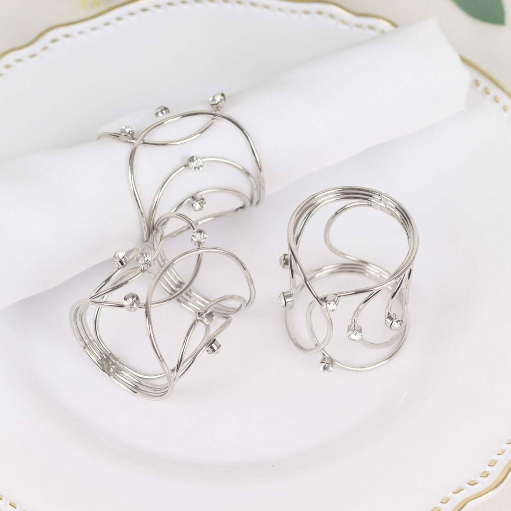 4 Pack Silver Metal Napkin Rings, Hollow Woven Style With Rhinestones, Elegant Napkin Holders - Bell Racket Store