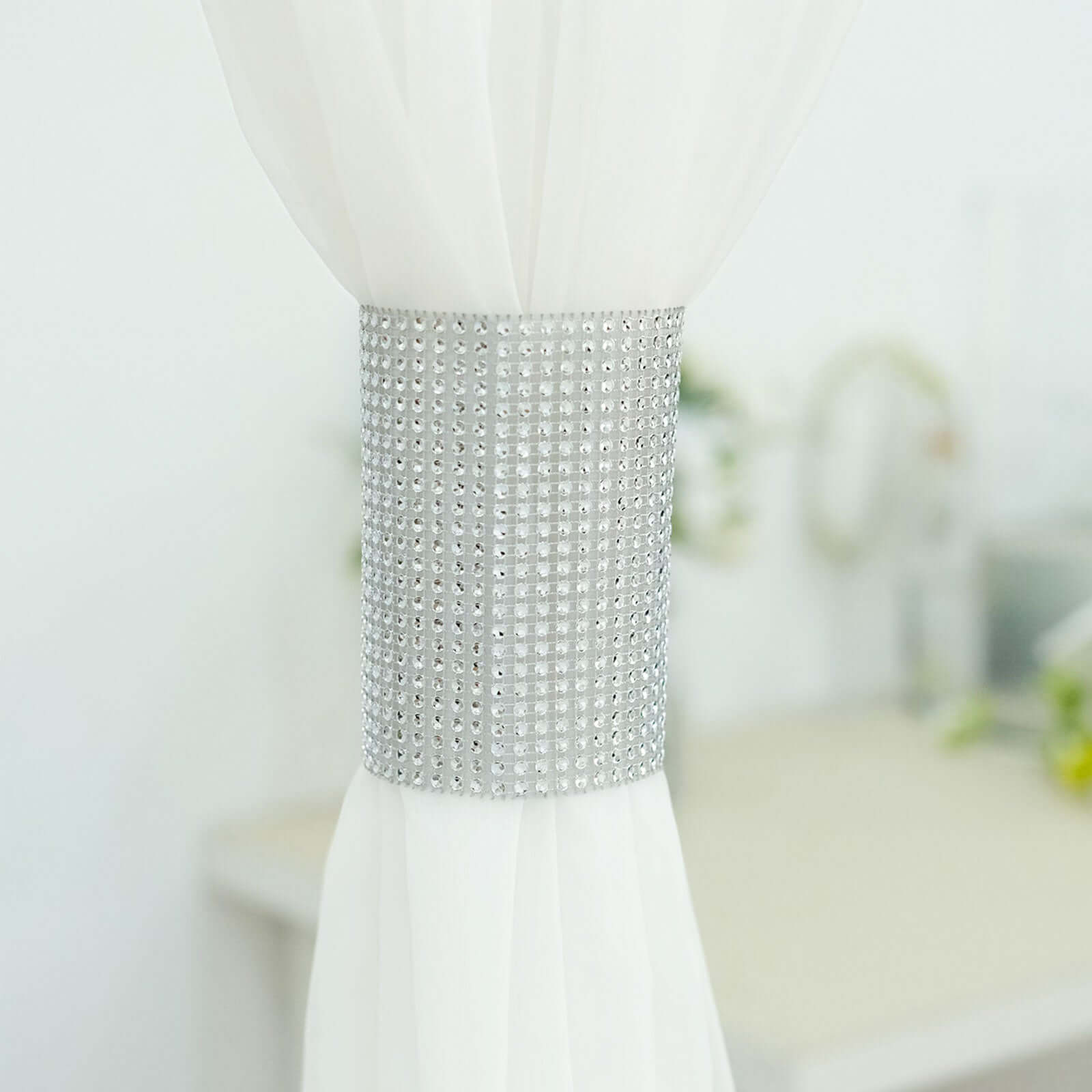 4 Pack Silver Rhinestone Mesh Velcro Backdrop Curtain Bands, Large Chair Sash Clip Tie Backs - 5"X10" - Bell Racket Store